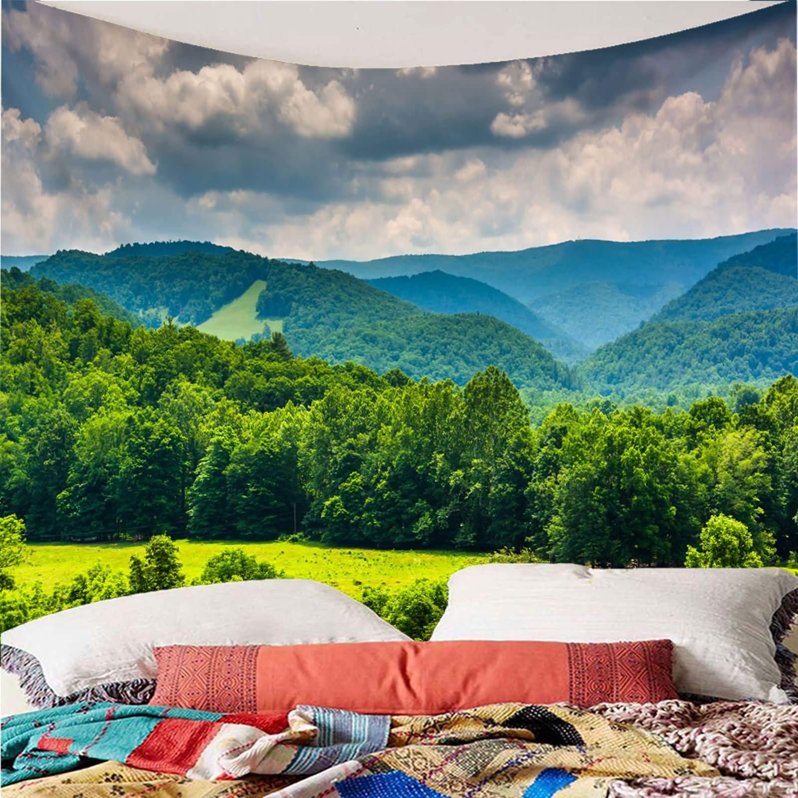 Homxi Wandteppich Klein 260 x 240 CM,Polyester Wall Tapestry Wanddeko Naturlandschaft Grün Wandtuch Psychedelic