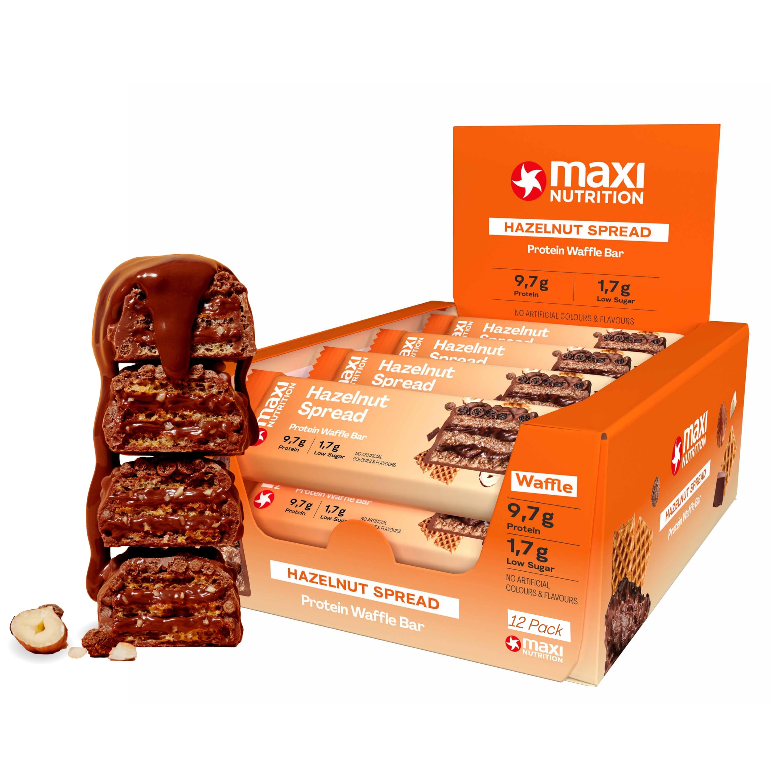MaxiNutrition Hazelnut Spread Protein Waffle Bar, 202 kcal, 9.7g protein, 12 x 39g bars