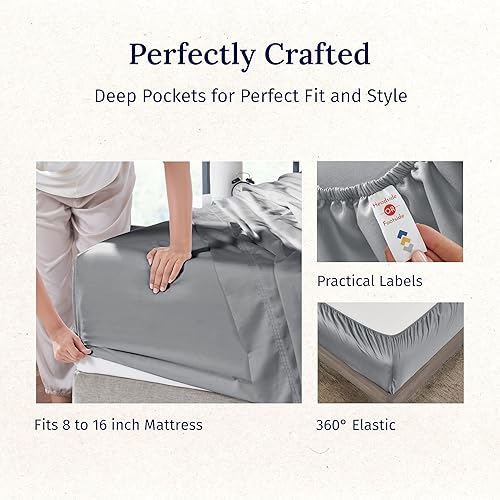 Miniatura 6 de California Design Den - Juego de sábanas de tamaño King 100% algodón, 600 hilos, tejido satinado, bolsillo profundo, color gris