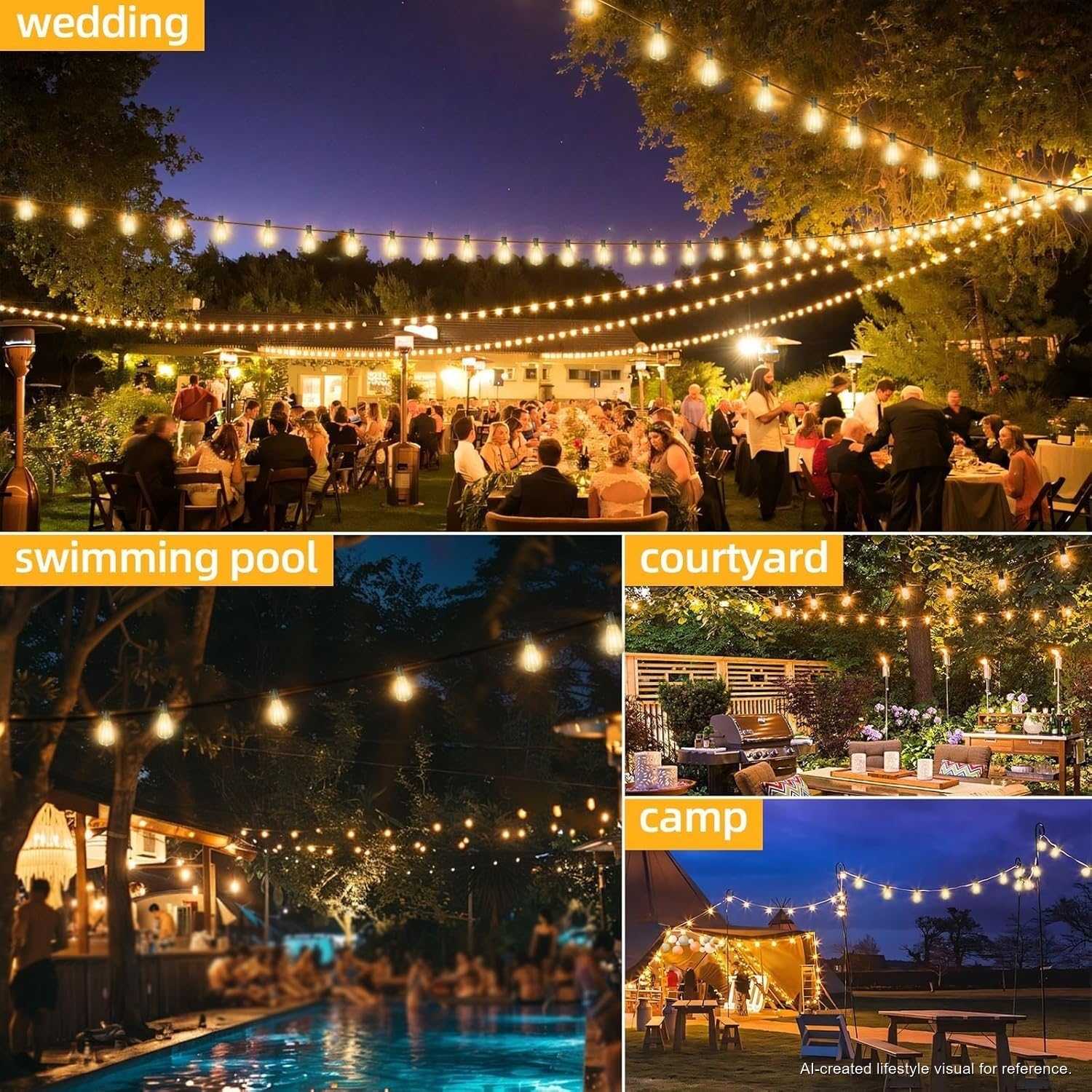 Cadena de luces LED para exteriores de 50 pies con 25 + 2 bombillas de repuesto, casquillo E12, blanco cálido de 2700 K, para patio, boda, camping, porche, cubierta, cenador