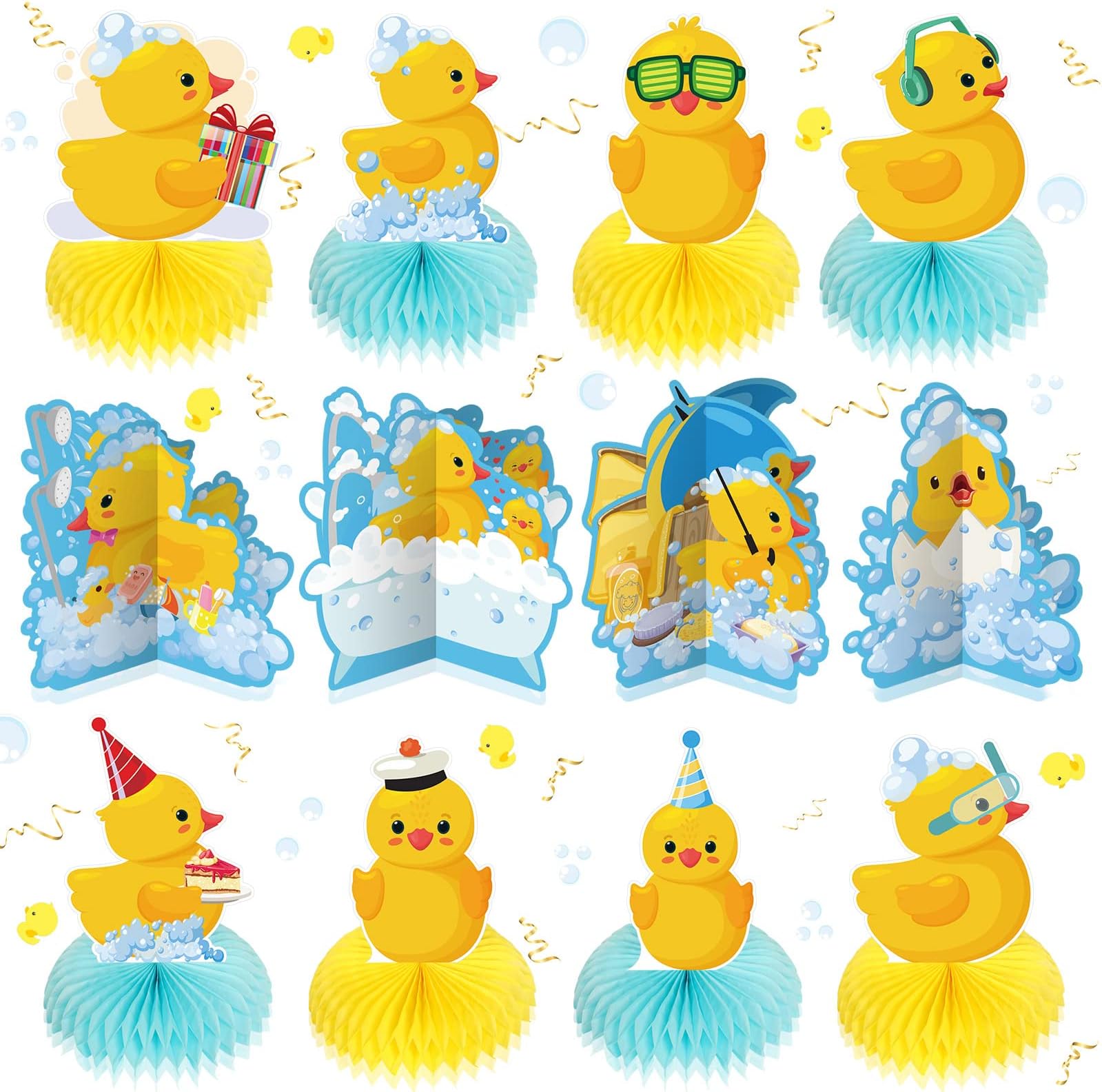 Teling 12 Pcs Duck Birthday Decorations Pink Rubber Duck Themed Honeycomb One Lucky Party Centerpieces Decorations for Table Girl Birthday Party Baby Shower Photo Booth Props Supplies