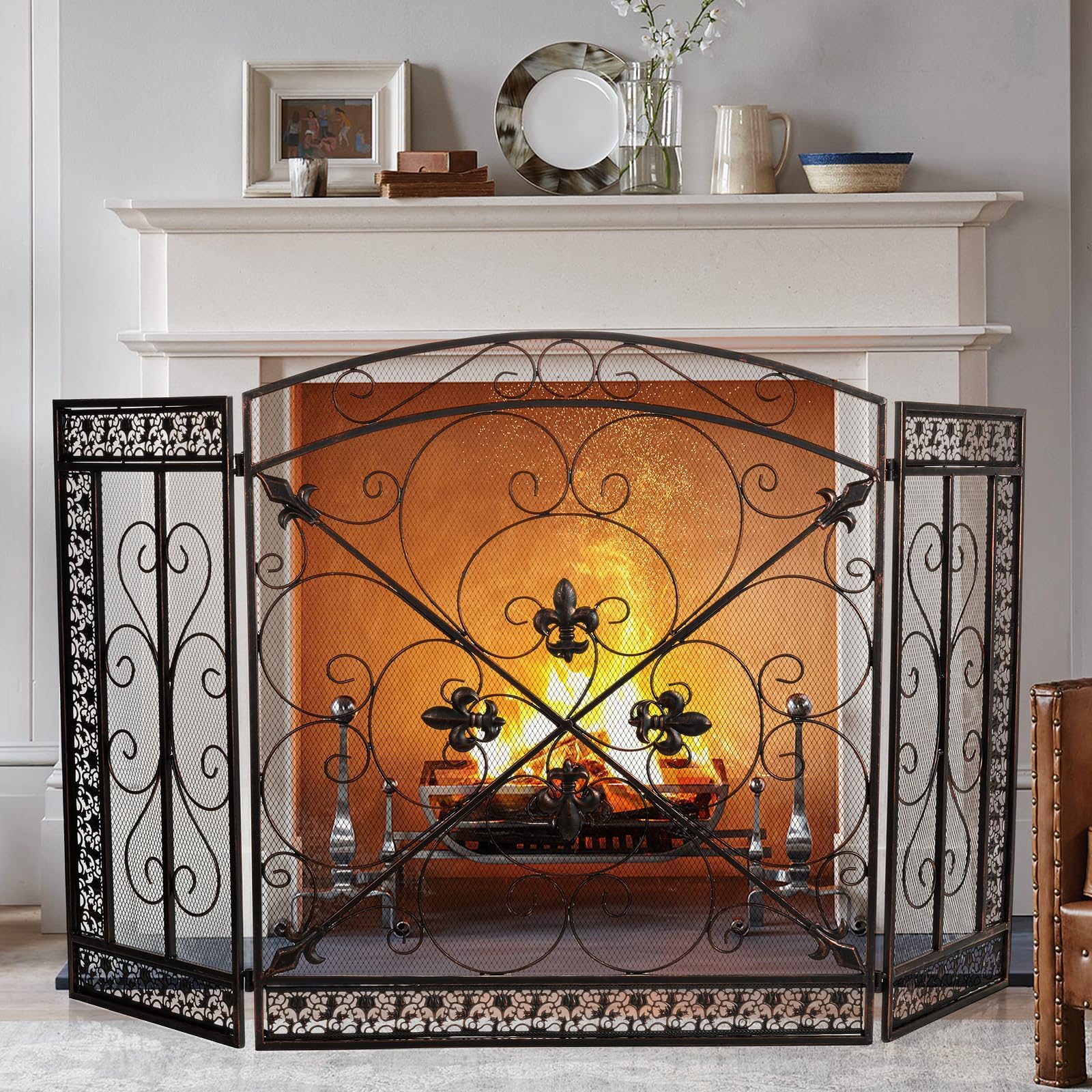 WICHEMI 3 Panel Fireplace Screen for Fireplace Gate Decorative Fireplace Screens Stand Alone 52.4 x 31inch Wrought Iron Black Metal Spark Guard Fireguards Mesh Cover Fence Fire Place Cover (Bronze)