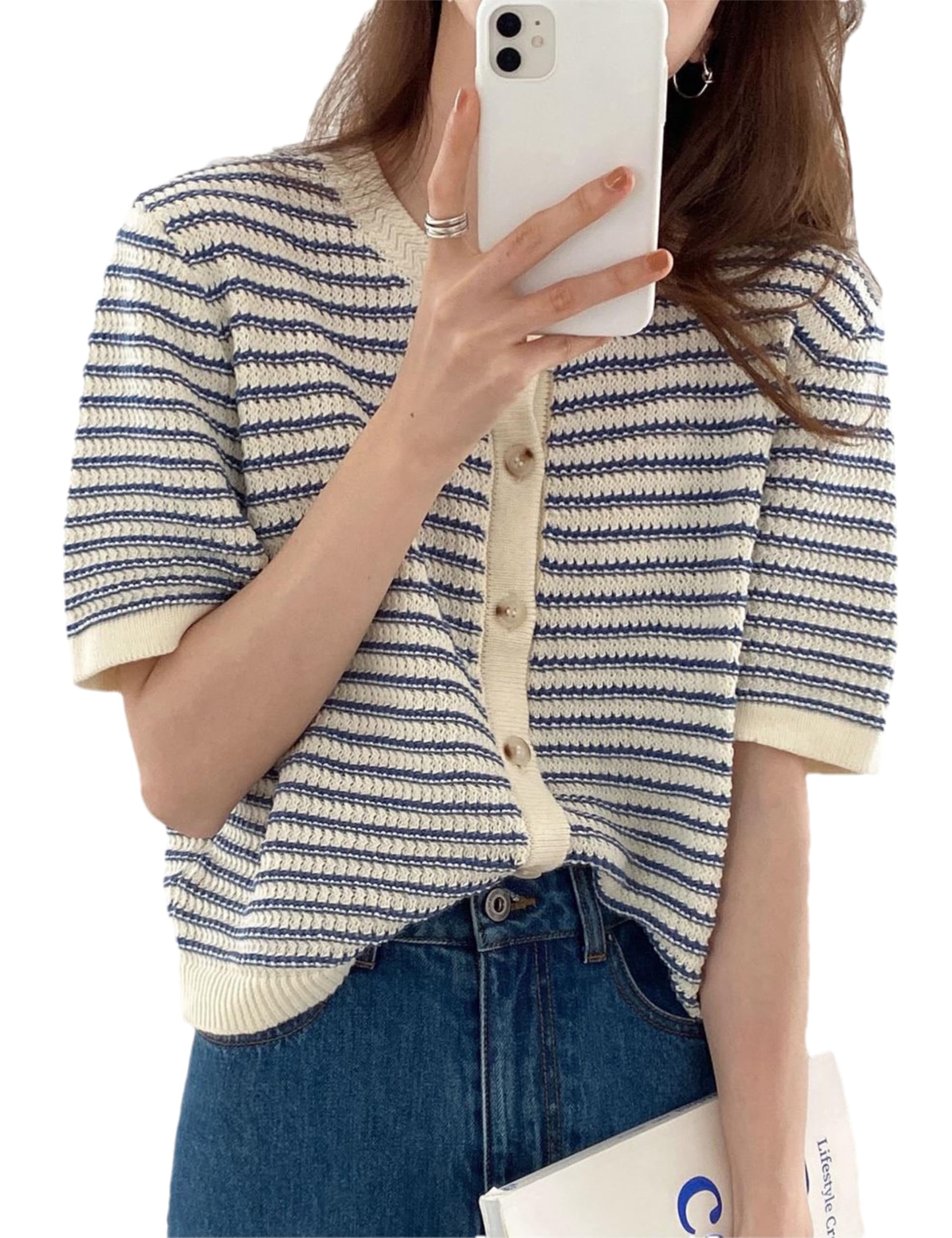 Summer Casual Womens Striped Short Sleeve Knit Cardigan Lightweight Crew Neck Button Up Cropped Sweater Top