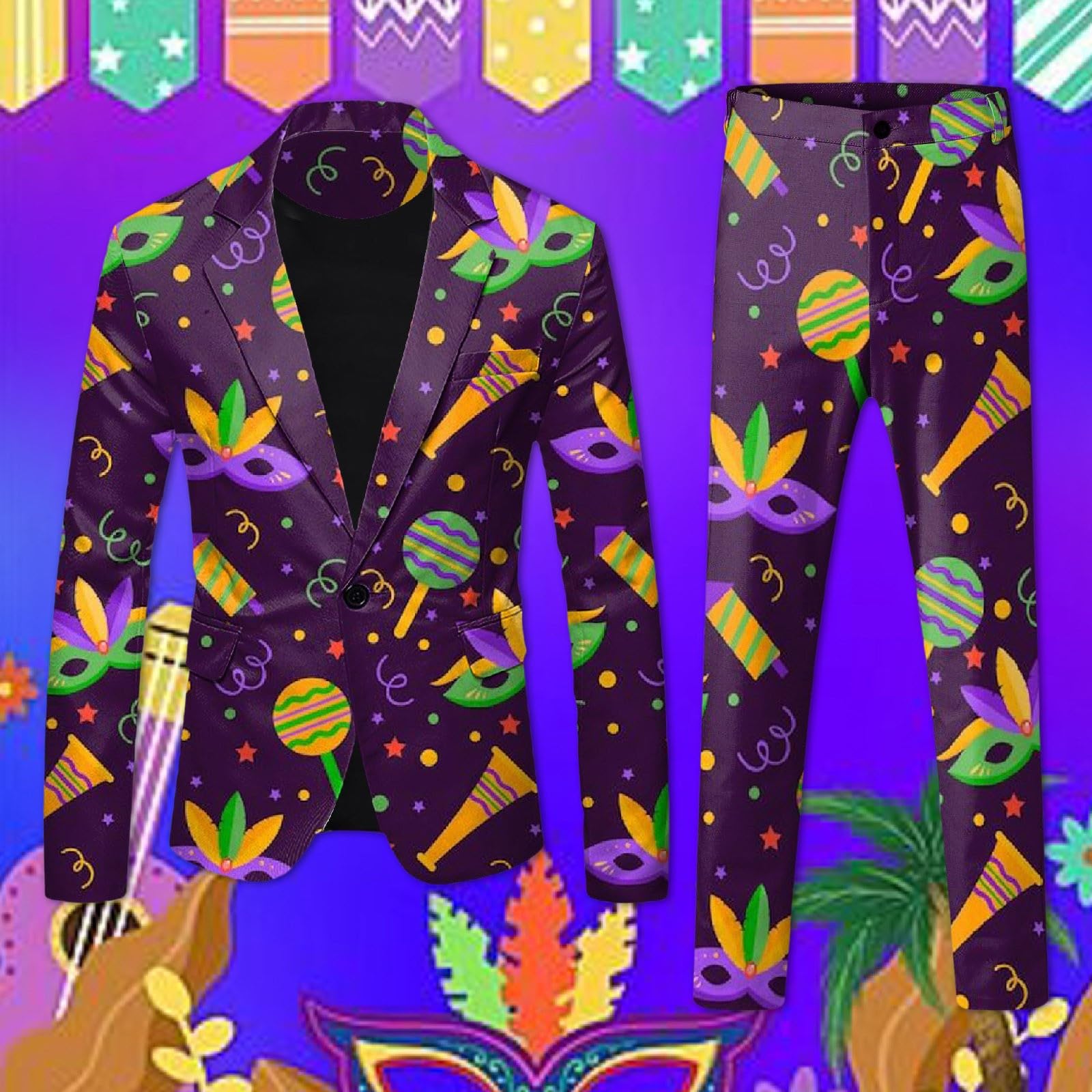 Anzug Herren Lustiger Masken Anzug Prom Suits Faschingskostüme Retro Party Jacke mit Bunten Drucken 60er Jahre Pop Art Style Outfit Slim Fit Anzughose Mardi Gras Karneval Kostüm