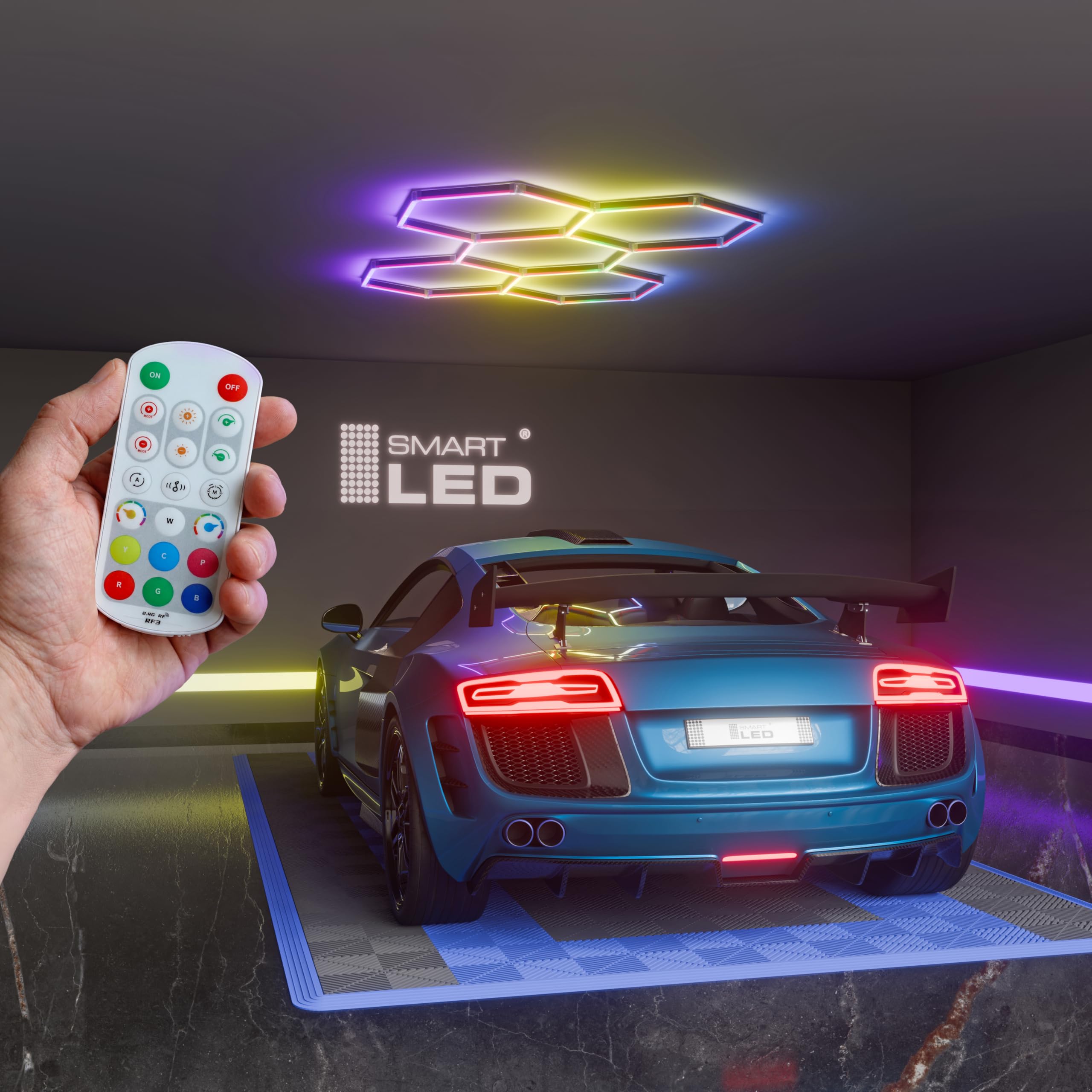 Hexagon LED Deckenlampe 205x142 cm – 24er Set Werkstattbeleuchtung 144W 16560lm – RGB – IP54 flimmerfrei – LED Garagenbeleuchtung, Tattoo, Detailing, Schwarz, APP, (205 x 142CM, RGB, 144W)