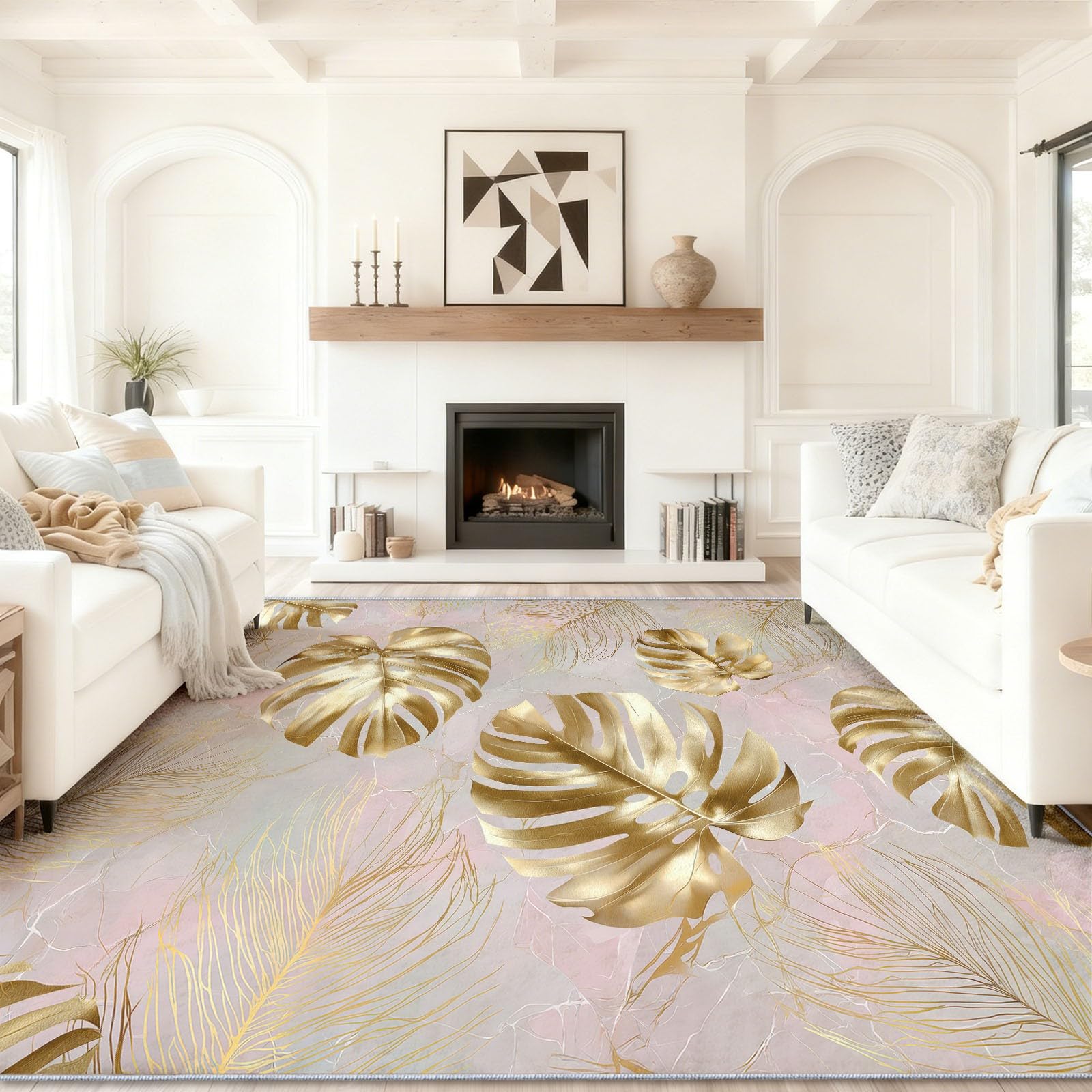 Générique Tapis Salon à Poils Rose Or 160 x 230 cm - Lavable en Machine Antidérapant Moquette, Moderne Luxe Marbre Feuille De Palmier Tapis Poil Ras Doux et Facile d'entretien pour Salon Chambre