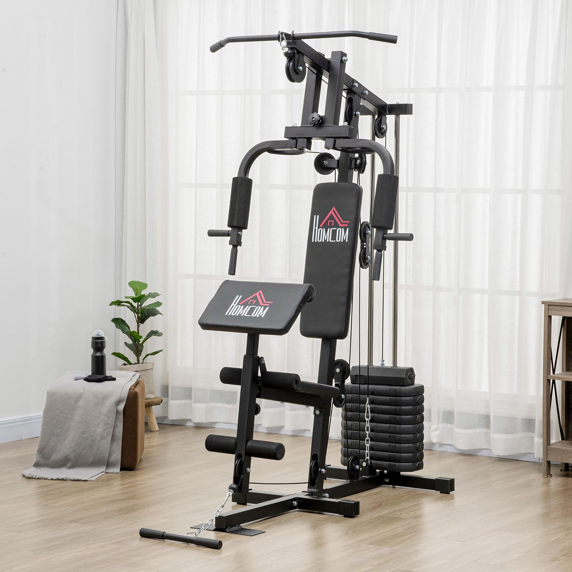 HOMCOM Stazione Fitness Multifunzione Power Tower con Pesi fino 45kg e Panca Imbottita per Allenamento a Casa e Professionale, per Chest Press, Lat Pull Down