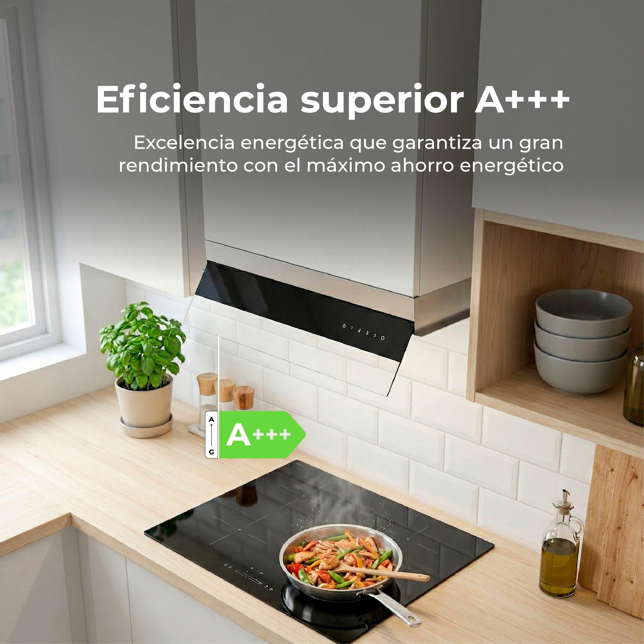 EVVO CEi56 Inox - Campana Extractora 60 cm Integrable, Clase A+++ Máxima Eficiencia, Succión 875 m3/h, Motor 200W - Extractor de Cocina Táctil con Filtro Carbón Activo y Aluminio, Temporizador, Inox