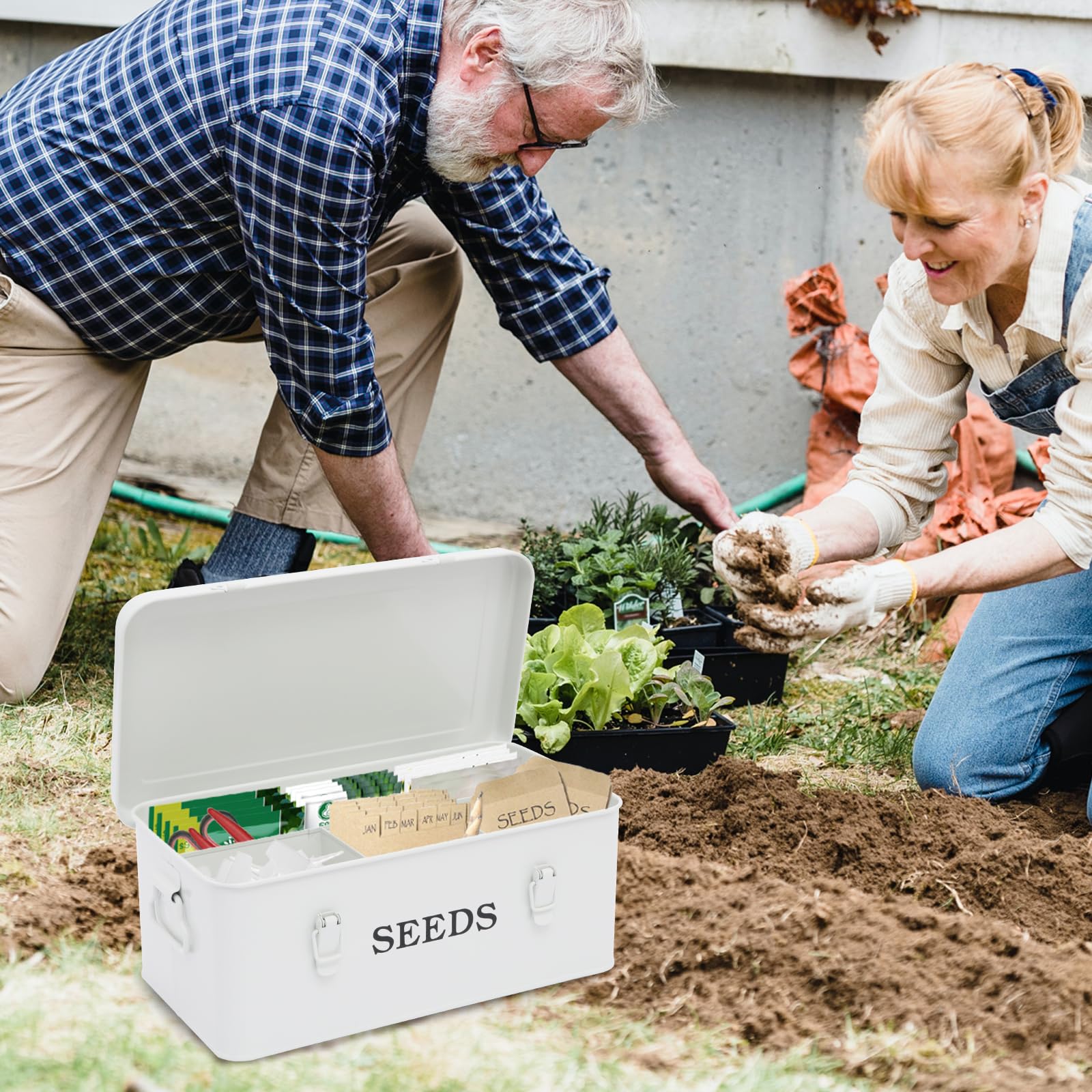 Cajas de Semillas Caja de Almacenamiento Semilla,Contenedores Almacenamiento Metálicos Contenedores Clasificación Sobres Semilla, Caja Semillas Jardín Con Cierre Seguridad 33×18×13cm Blanco