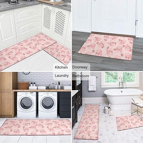 Miniatura 5 de Juego de 2 tapetes de cocina con diseño de vaca de fresa rosa, alfombras decorativas para cocina, de bajo perfil, de vaca, fresa, decoración para el
