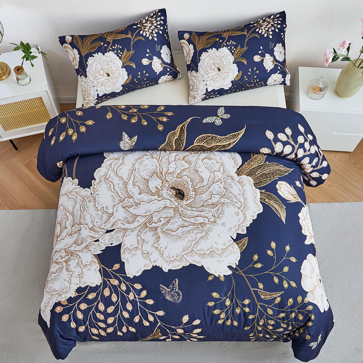 STYHO Blue Duvet Cover Sets Floral King 3Pcs Large White Flower Bedding Set Soft Reversible Botanical Butterfly Printed Duvet Covers for All Seasons(Blue - Image 2