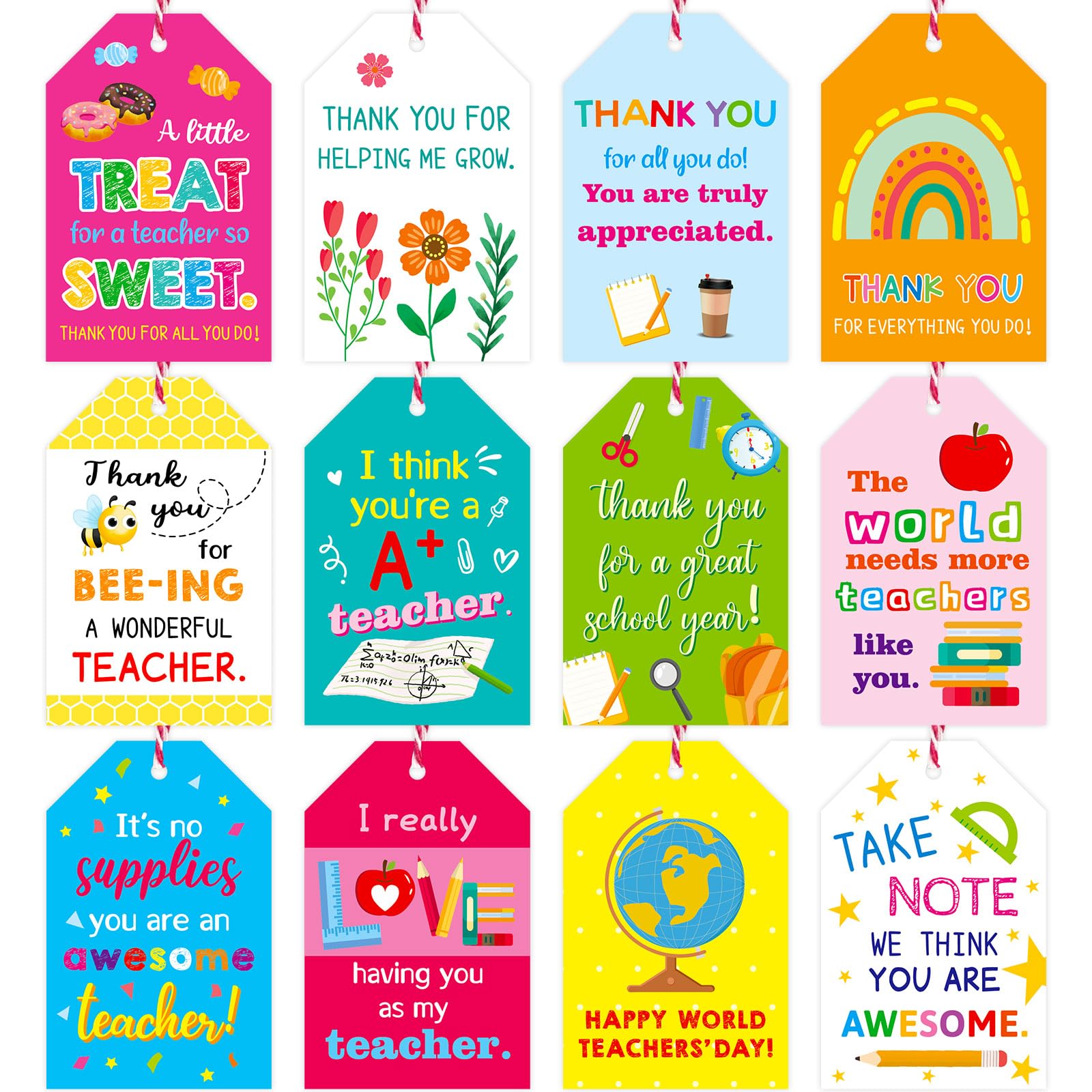 Thank You Teachers Tags with String 60Pcs Gifts Hanging Tag Labels for Teachers Appreciation Week Wrapping Boxes Bags