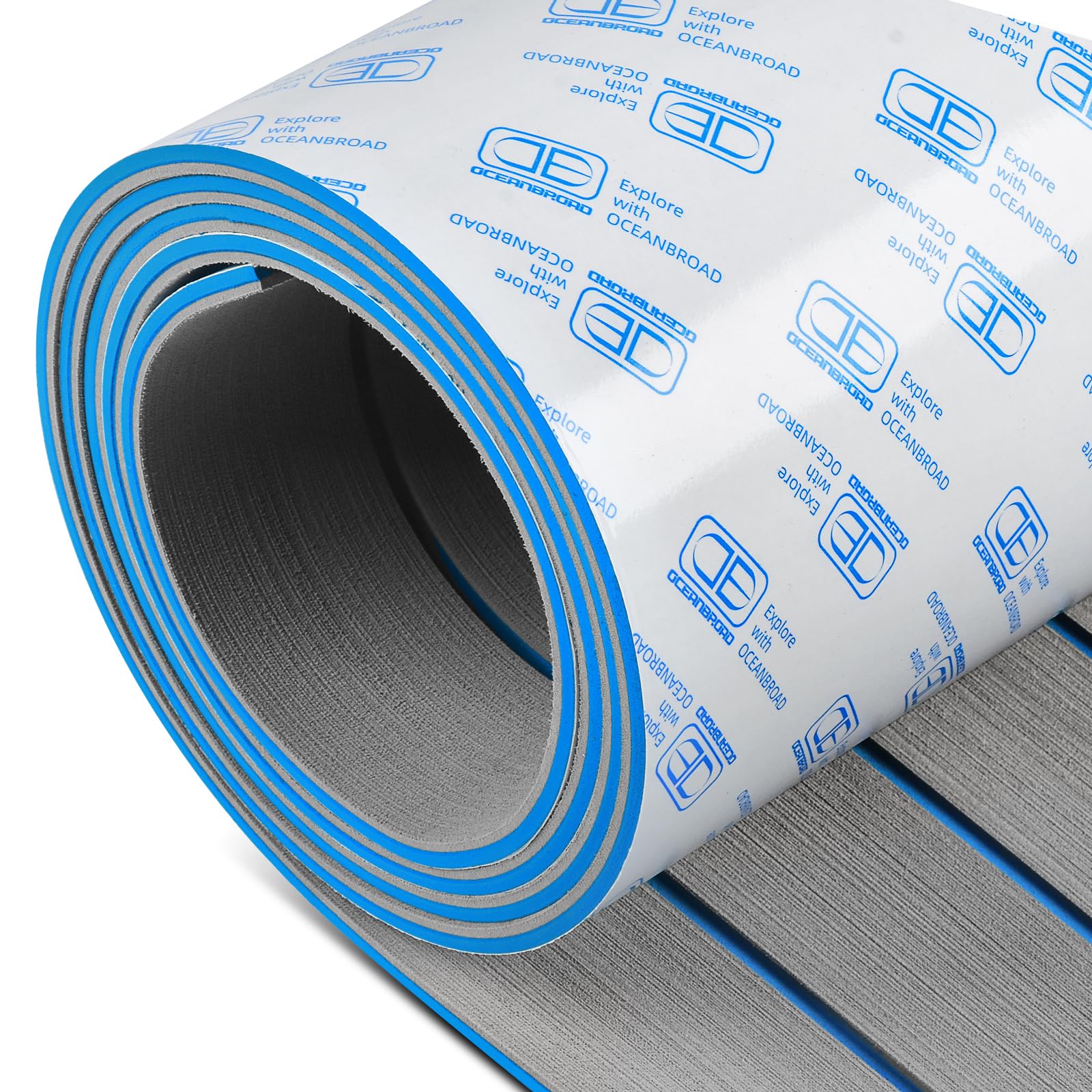 OCEANBROAD Boat Flooring EVA Foam Self-Adhesive 96''x36'' Faux Teak Marine Boat Decking Sheet for Jon Boats Yacht Floor, Gray with Blue Seam Lines
