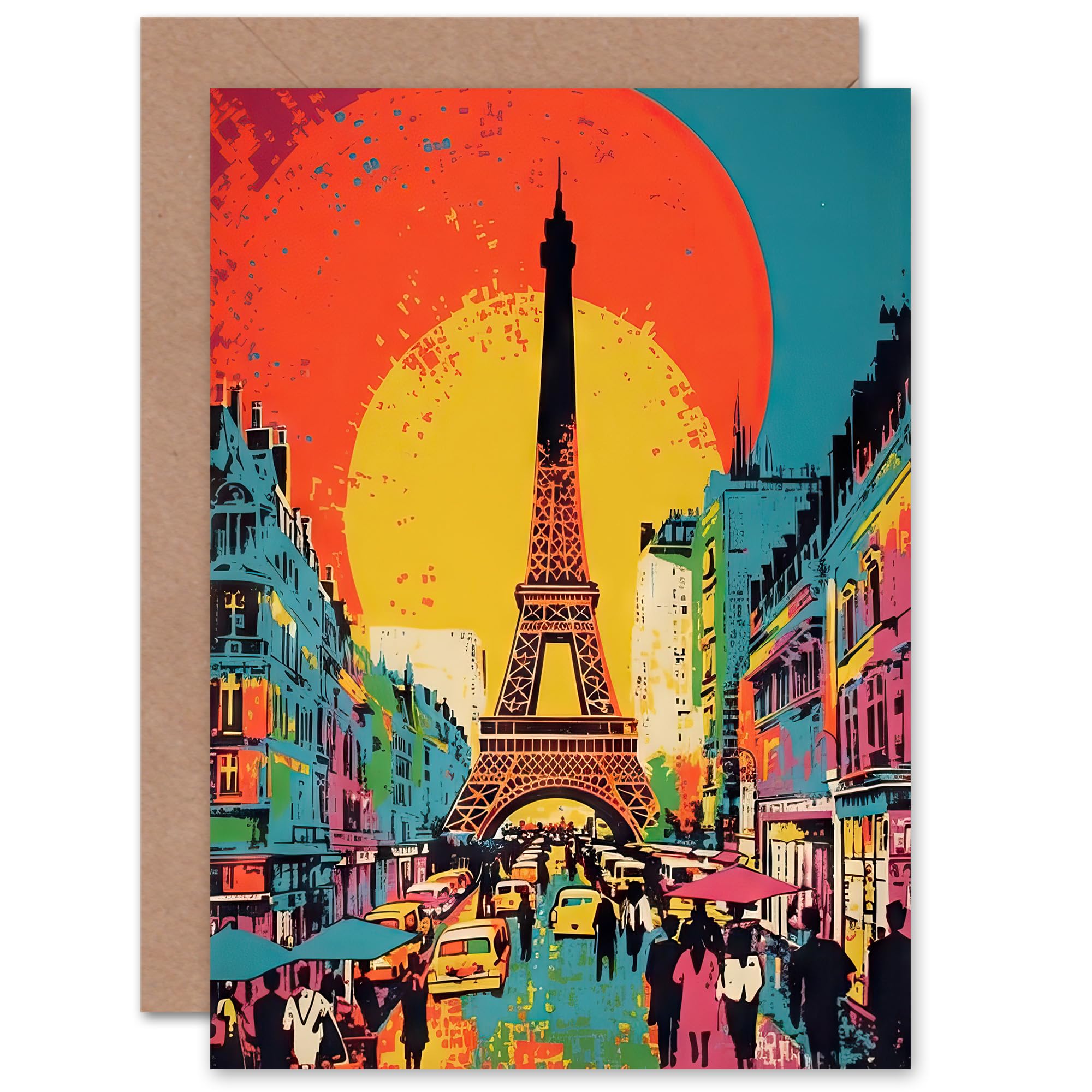 Artery8 Eiffel Tower Sunset Vibrant Retro for Wife Her Mum Sister Daughter Mom Gran Nan Birthday Thank You Congratulations Blank Art Greeting Card
