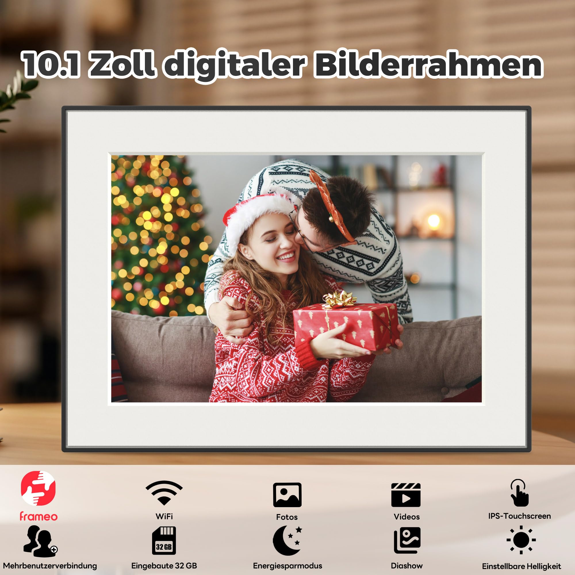 Frameo WiFi Digitaler Bilderrahmen, 10,1 Zoll 32GB Digital Photo Frame 1280x800 IPS HD Touch Screen, Automatische Drehung, sofort Fotos/Videos teilen via Frameo-App von überall.