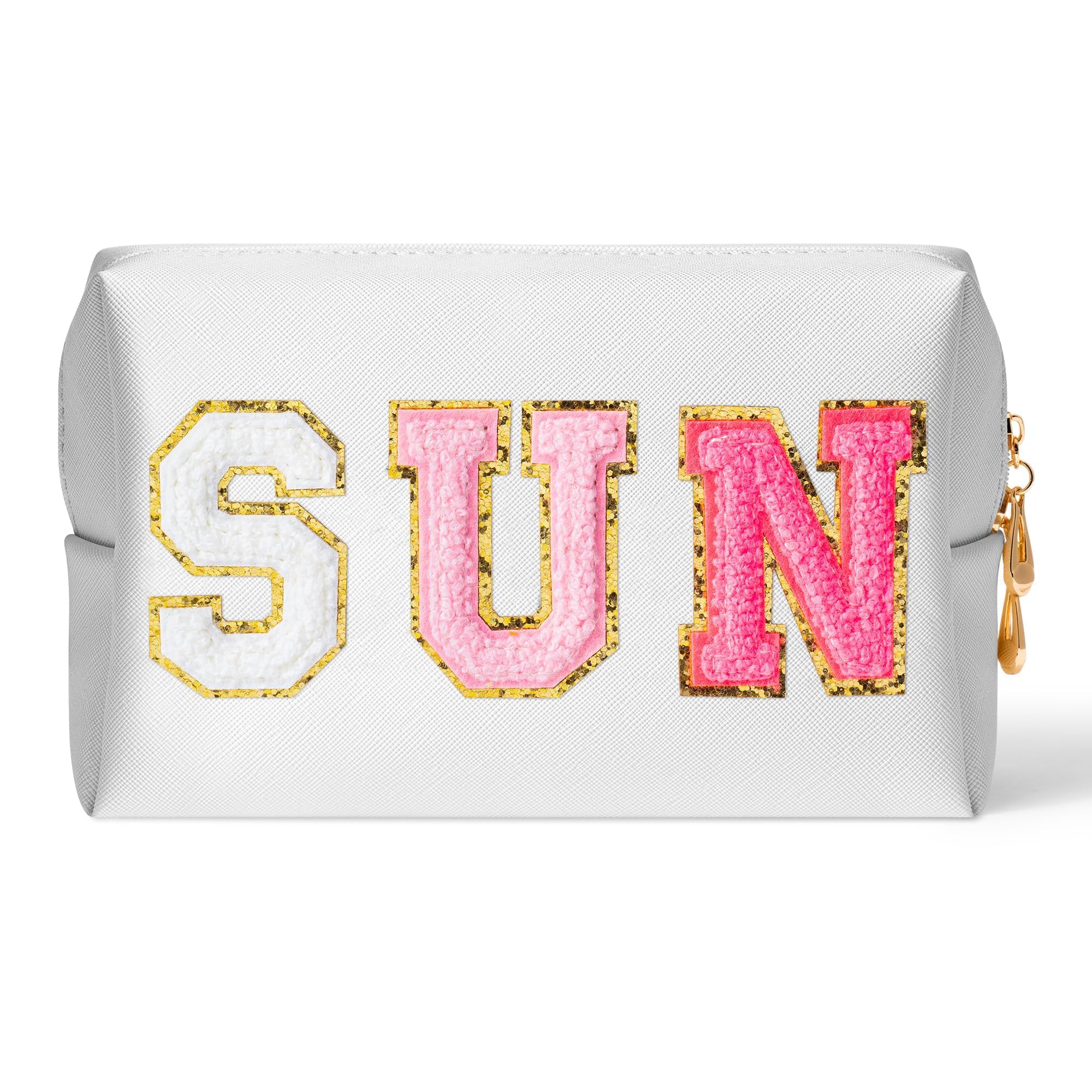 AsodSway Preppy Patch Sun Cosmetic Bag Sunscreen PU Leather Toiletry Makeup Bag Portable Waterproof Makeup Pouch Travel Beach Pouch Daily Use Zipper