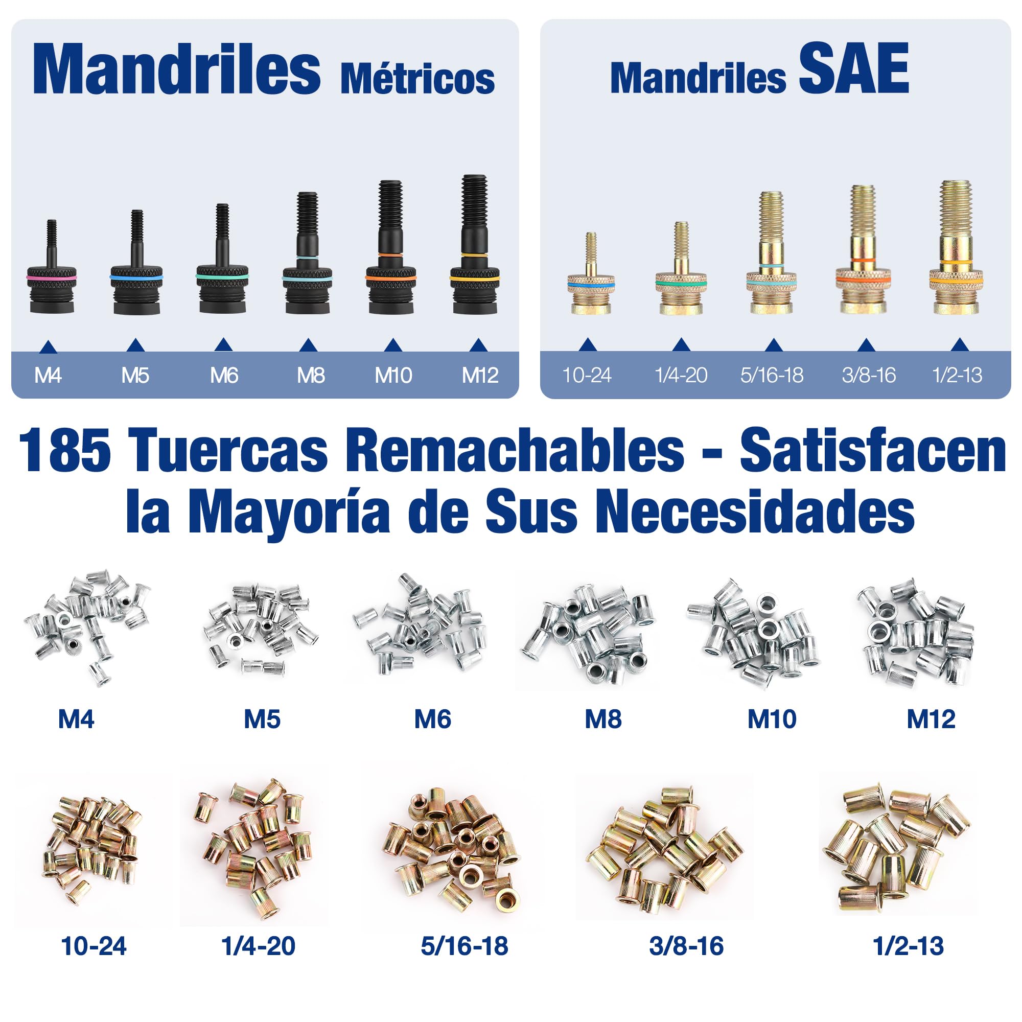 WORKPRO Herramienta de tuerca de remache, kit de herramientas de remache de 16 pulgadas con 11 mandriles métricos y SAE, juego de herramientas de remache manual con 185 remaches, remachadora manual de | de 16 pulgadas con 11 mandriles métricos y SAE, jueg