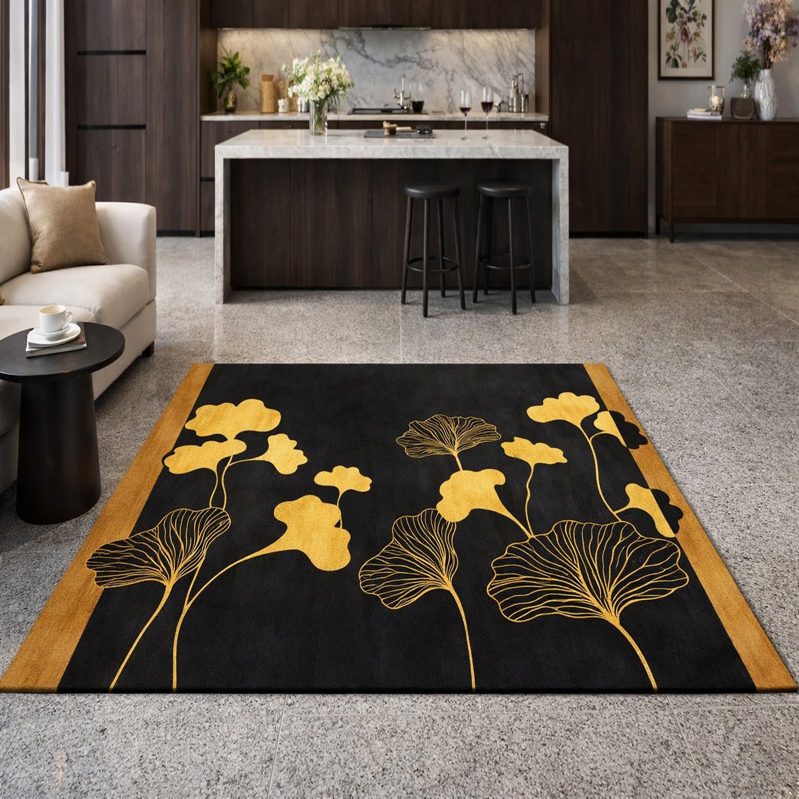 Tapis de décoration floral jaune et noir 170x200 cm pour salon et chambre moderne