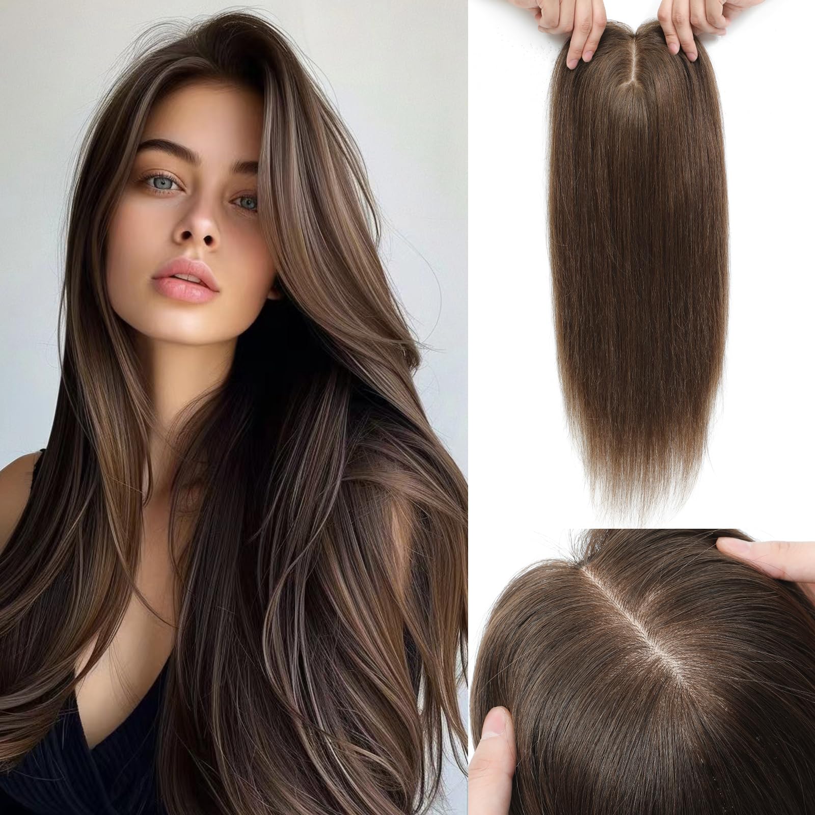 Hair Toppers for women Real Human Hair 20inch No Bangs Hair Toppers for Women 8*8inch Big Base Hair Toppers Cover a Larger Area Top Hair Pieces for Women with Hair Loss or Thin Hair Natural hair top