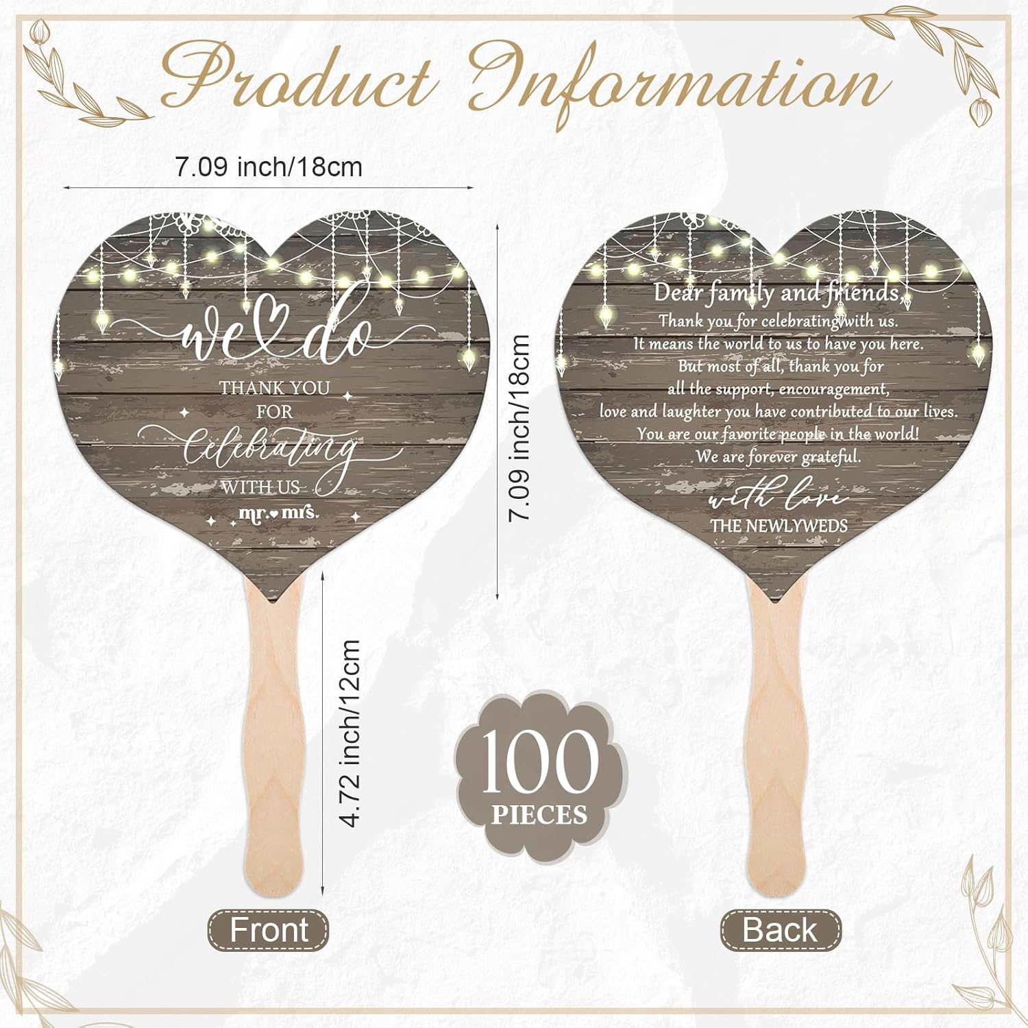 100 Pcs Wedding Fans for Guest and 1 PC Love is Hot Sign Wooden Wedding Table Sign Handheld Paper Heart Shape Fans with Wood Handle Bridal Shower Favor(Wood String Light)