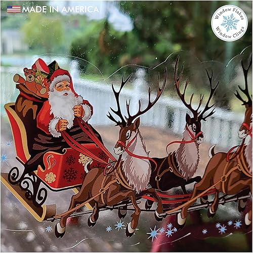 Miniatura 4 de Adhesivos de Navidad para ventana, dos trineos de Papá Noel y renos, vinilo reutilizable no adhesivo para ventanas y puertas, decoración del hogar,
