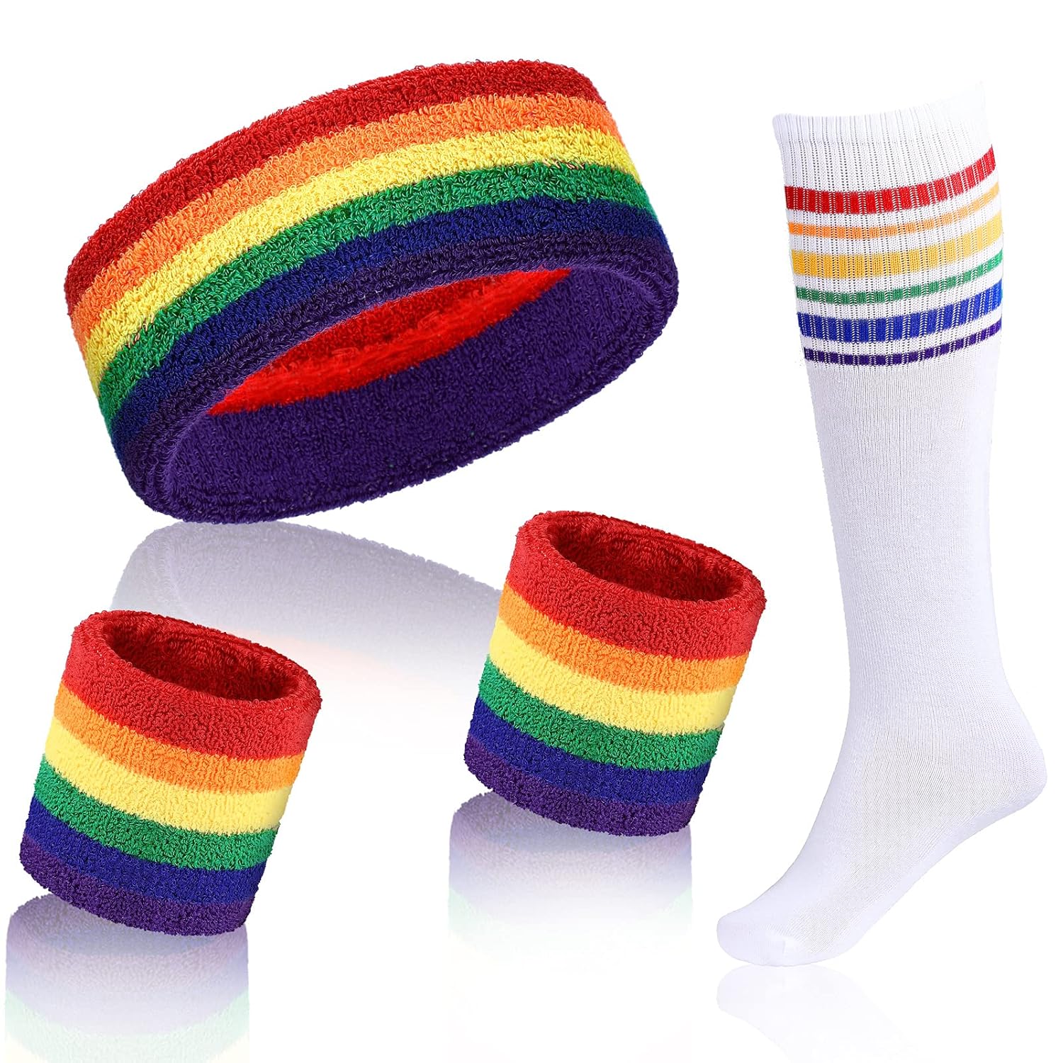 Skylety 5 Pcs Striped Sweatband Sock Set Wrist Sweatband Headband High Striped Headband for Men Women Sports 80s Party(Rainbow Color)