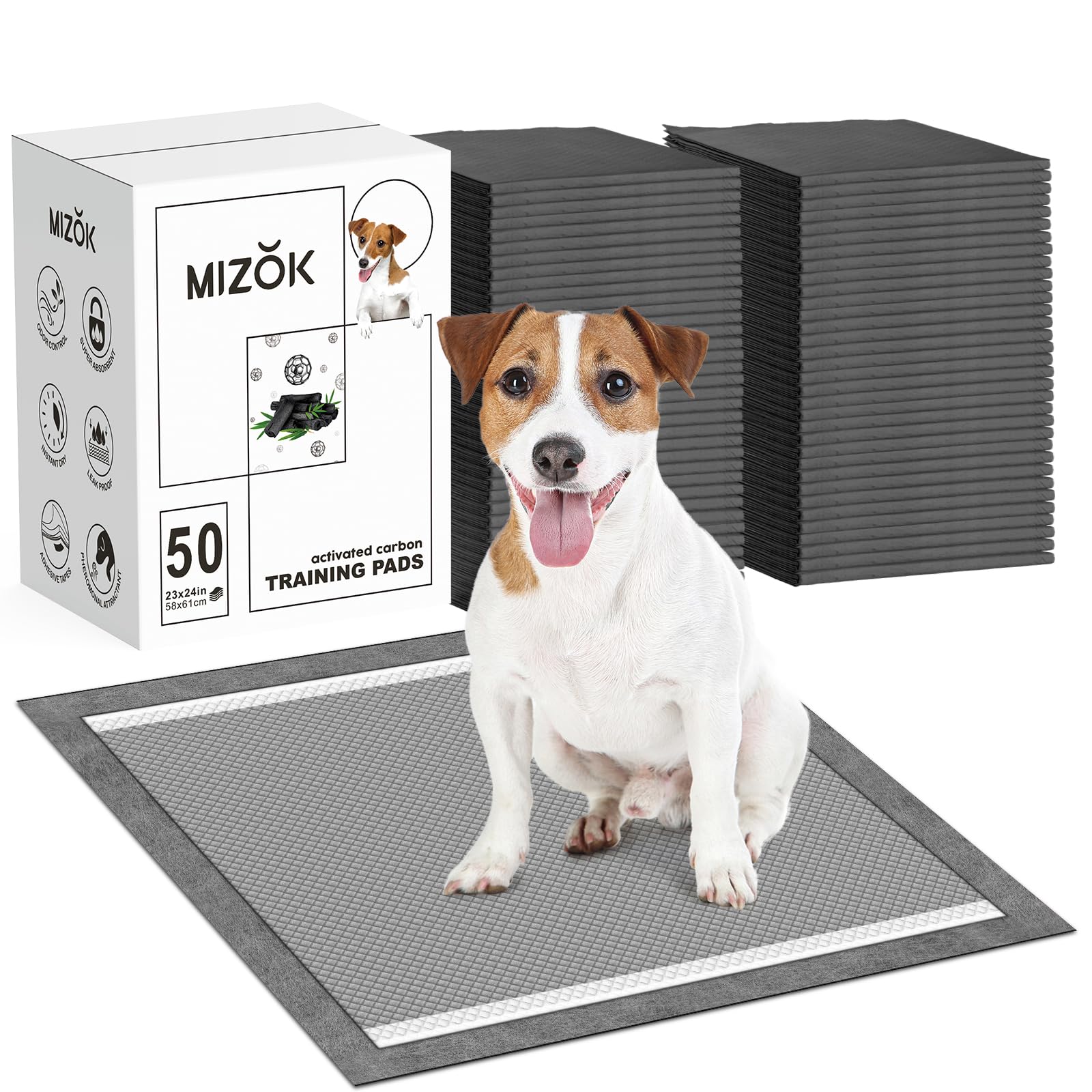 MIZOK Pee Pads for Dogs 23X24in Dog Pee Pads, Charcoal Odor Eliminating Wee Wee Pads for Dogs Absorbs Up to 4 Cups Urine, 6 Layers Leak-Proof Puppy Pads (50 Counts)