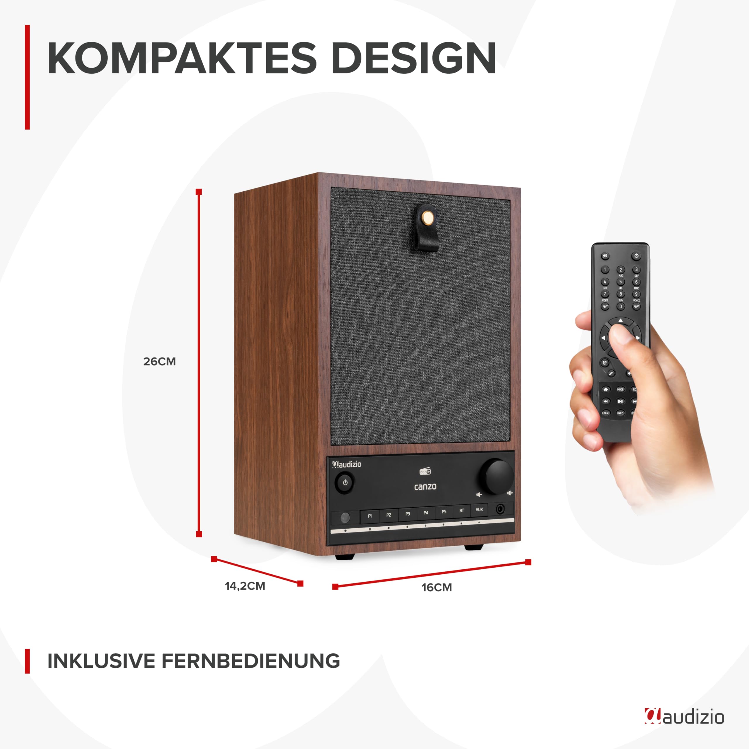Audizio Canzo - DAB Radio, Internetradio mit WLAN & Bluetooth 5.3, Digitalradio, Radio mit Fernbedienung, Küchenradio mit LAN-Anschluss, AUX & Line-Out, ideal für Küche, Wohn-& Schlafzimmer - Walnuss