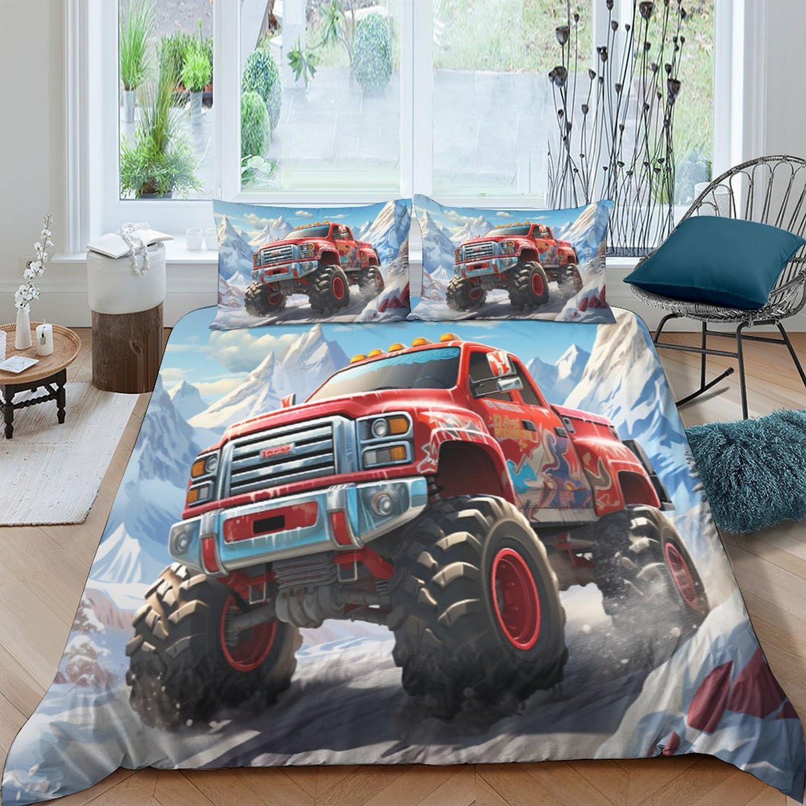 GPLZQXKJNH 3D Printed Red Monster Truck Duvet Cover Microfiber Soft Breathable Off-Road Vehicle Bedding Set with 2 Pillowcases for Bedroom Decoration Single（135x200cm）
