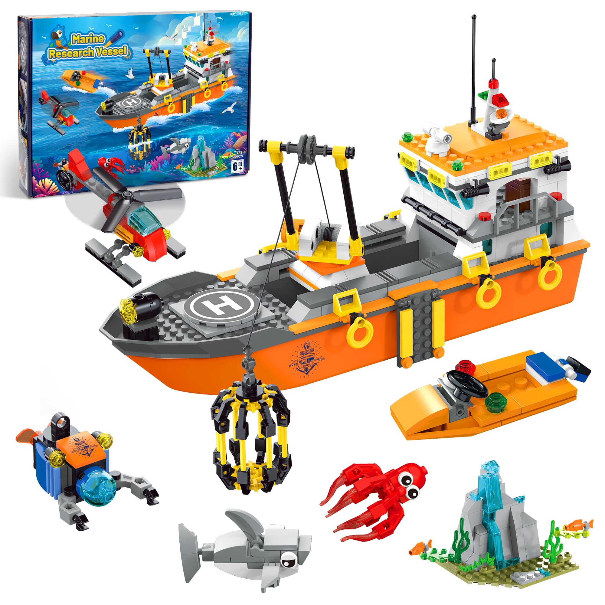 City Ocean Explorer Ship Building Set, Exploration Boat Set Toy Building Block with LED Lights, Helicopter, Submarine and Shark Cage, Birthday Gifts for 6 8 10 12 Years Old Boys Kids Girls