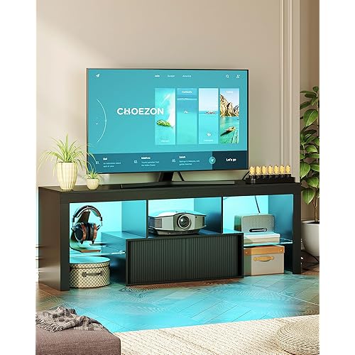 TV Stand with Power Outlet, Modern TV Cabinet for 55 60 inch TVs, Media TV Console with LED Light Strip, Media Entertainment Center with Storage, for Living Room, Bedroom, Black MDS02UDBB