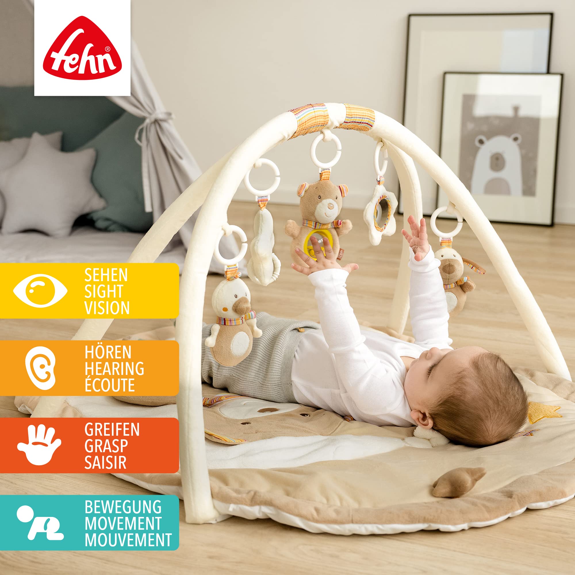 Fehn 3-D-Activity-Decke Spielbogen Rainbow – Baby Krabbeldecke mit 5 abnehmbaren Spielzeugen zum Greifen – Spieldecke für Babys und Kinder ab 0+ Monaten – Krabbelmatte als Geschenk zur Geburt