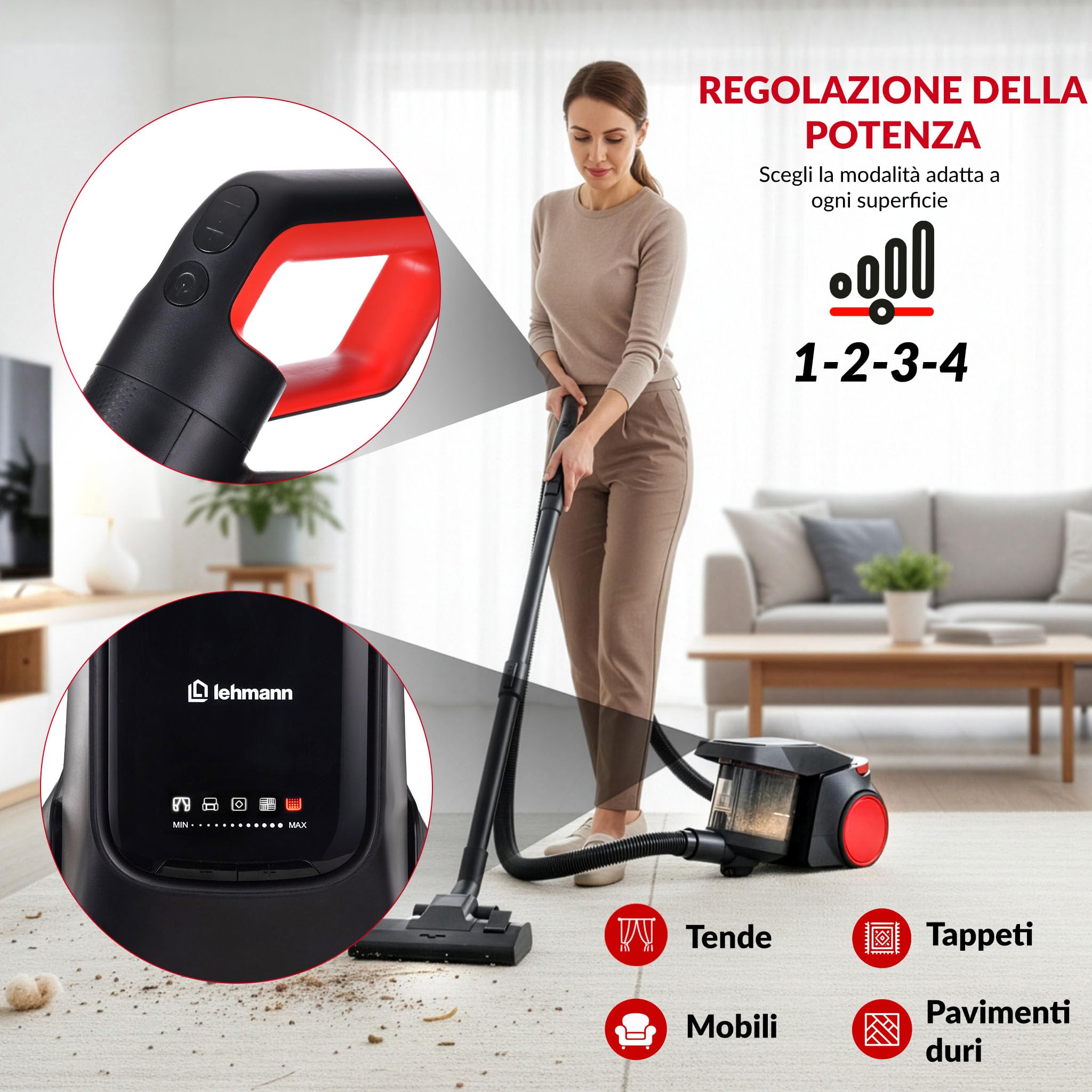 LEHMANN Aspirapolvere a Traino senza Sacco, Controllo sull’impugnatura, Doppia Filtrazione & Filtro HEPA, Serbatoio 1,5 L, Compatto, Aspirapolvere Ciclonico Potente con 4 Modalità Multi-superficie