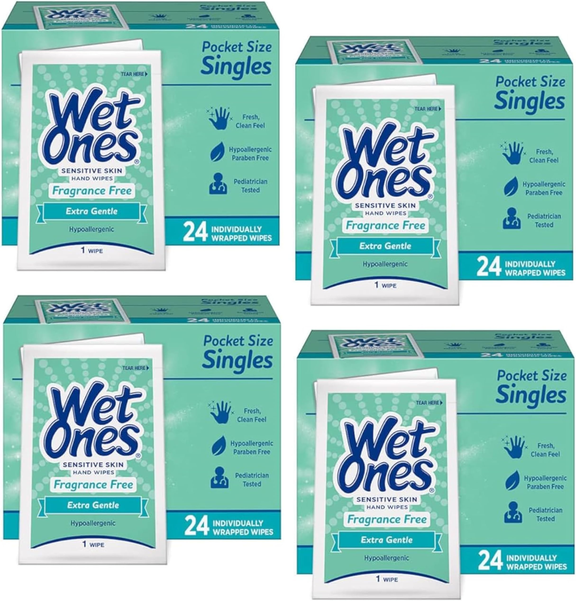 WET ONES Sensitive Skin Hand Wipes, Singles Extra Gentle Fragrance & Alcohol Free 24 ea ( Pack of 4)
