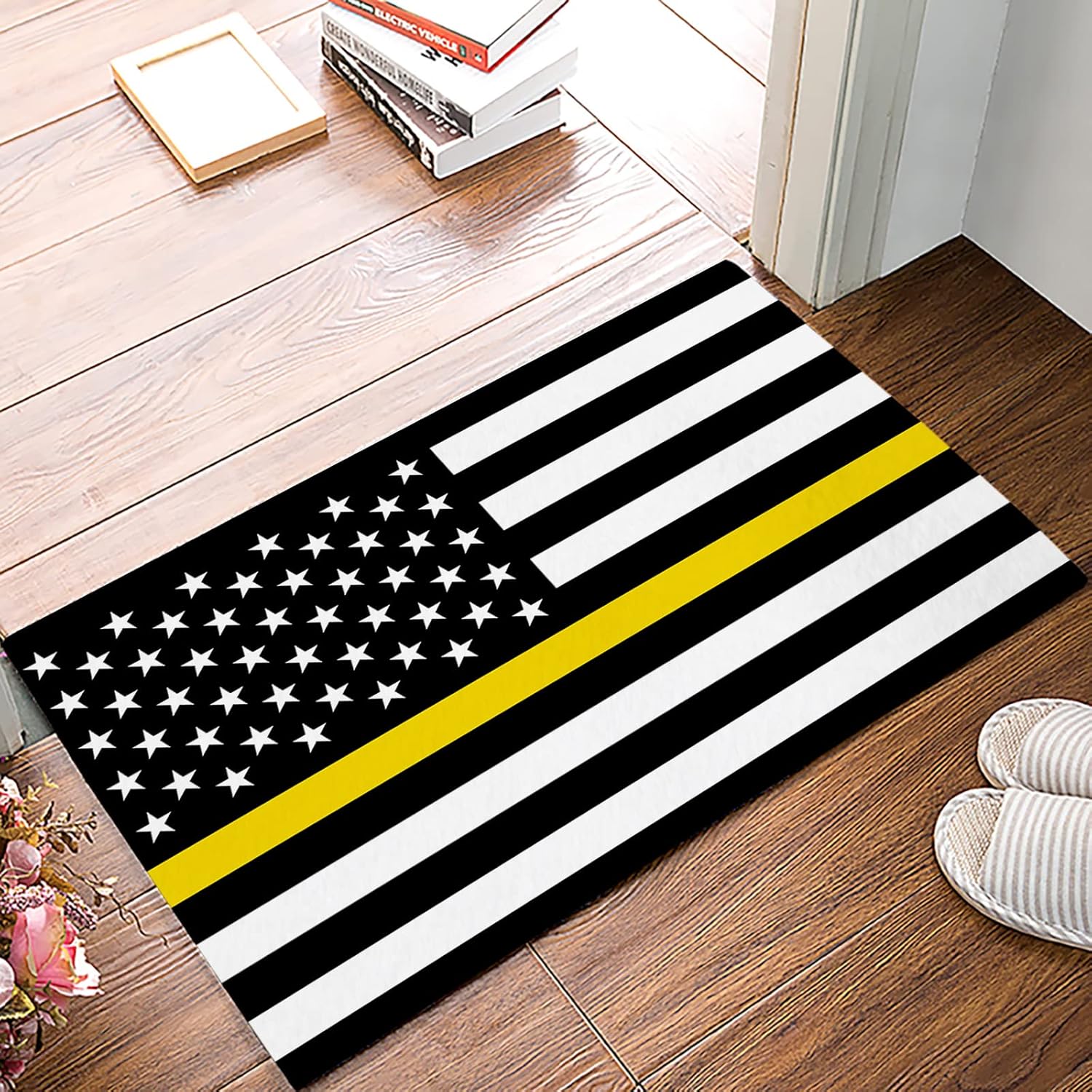 Thin Yellow Line Flag Indoor Door Mat - 18"x30", Non-Slip Welcome Mat for Patio, American Flag Yellow Stripes Front Door Rug for Entry, Low-Profile Doormat Entrance Rug for Kitchen/Bathroom