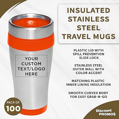 Miniatura 66 de Tazas de viaje de acero inoxidable con aislamiento personalizado, 16 onzas, juego de 100, paquete personalizado a granel, perfectas para café