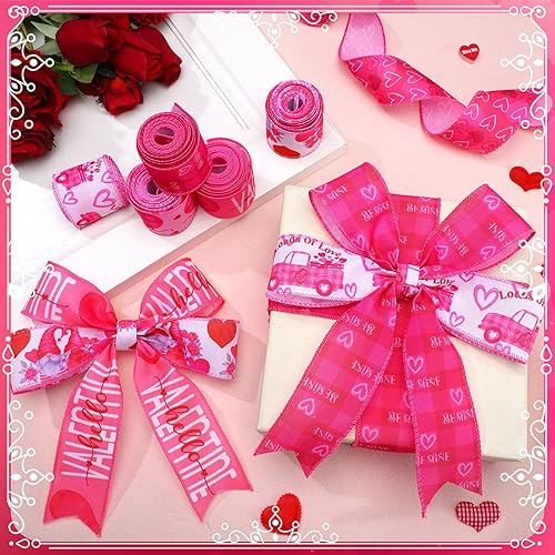 Miniatura 3 de Tigeen 6 rollos de 30 yardas de cinta de arpillera para el día de San Valentín, lana cuadriculada, color rosa, camión, enano, para envolver regalos,