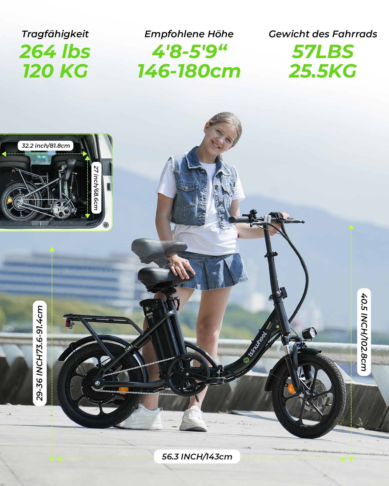 Finbike Klapprad E-Bike 16 * 2.15 Zoll Fat Tire,Tragbares Elektrofahrrad mit 10.4Ah Abnehmbarem Akku,4 Fahrmodi,PAS Reichweite MAX 88KM,Falt-Elektrofahrräder für Herren Damen Pendeln