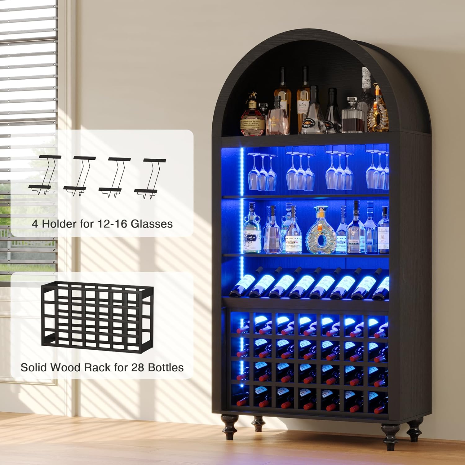71" Tall Arched Wine Bar Cabinet with Wine Racks & Glass Holder, Wide Liquor Cabinets with LED Lights & Charing Ports, Kitchen Pantry Cupboard, Coffee Bar Storage Cabinet for Home, Dining Room (Black)