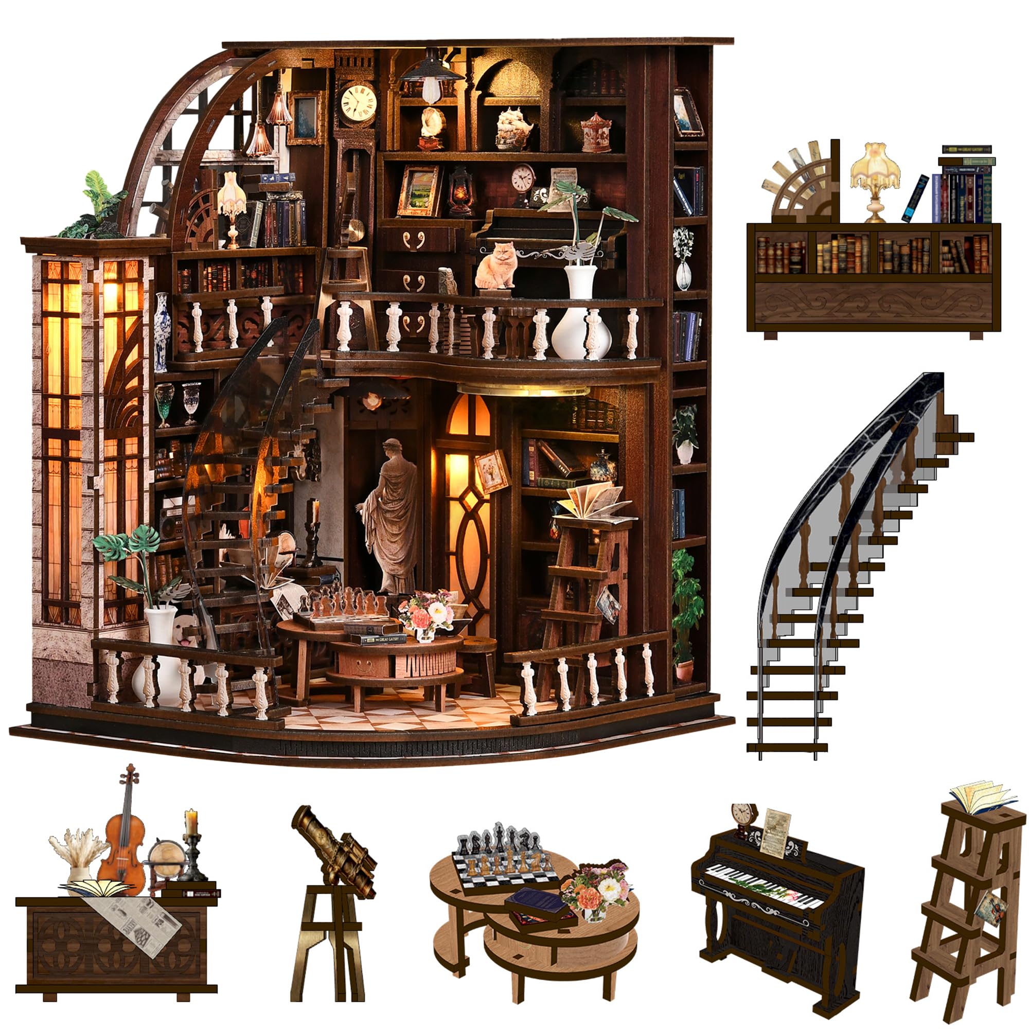 Spilay DIY Miniatur-Puppenhaus-Bausatz, DIY Puppenhaus-Bausatz mit Holzmöbeln mit Staubschutz & Spieluhr & LED, Geburtstag Weihnachten Handmade Gift