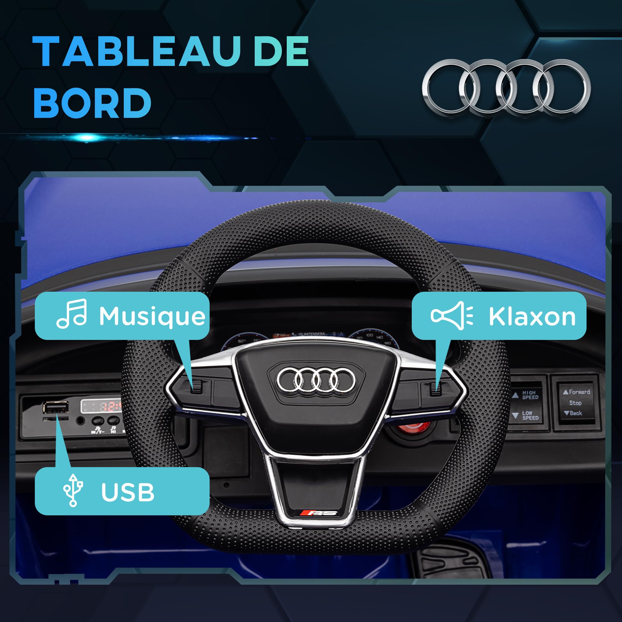 HOMCOM Voiture électrique Enfant 12 V - véhicule électrique avec télécommande parentale fournie - V. Max. 5 Km/h - Effets sonores, Lumineux - Audi RS E-tron GT Bleu foncé