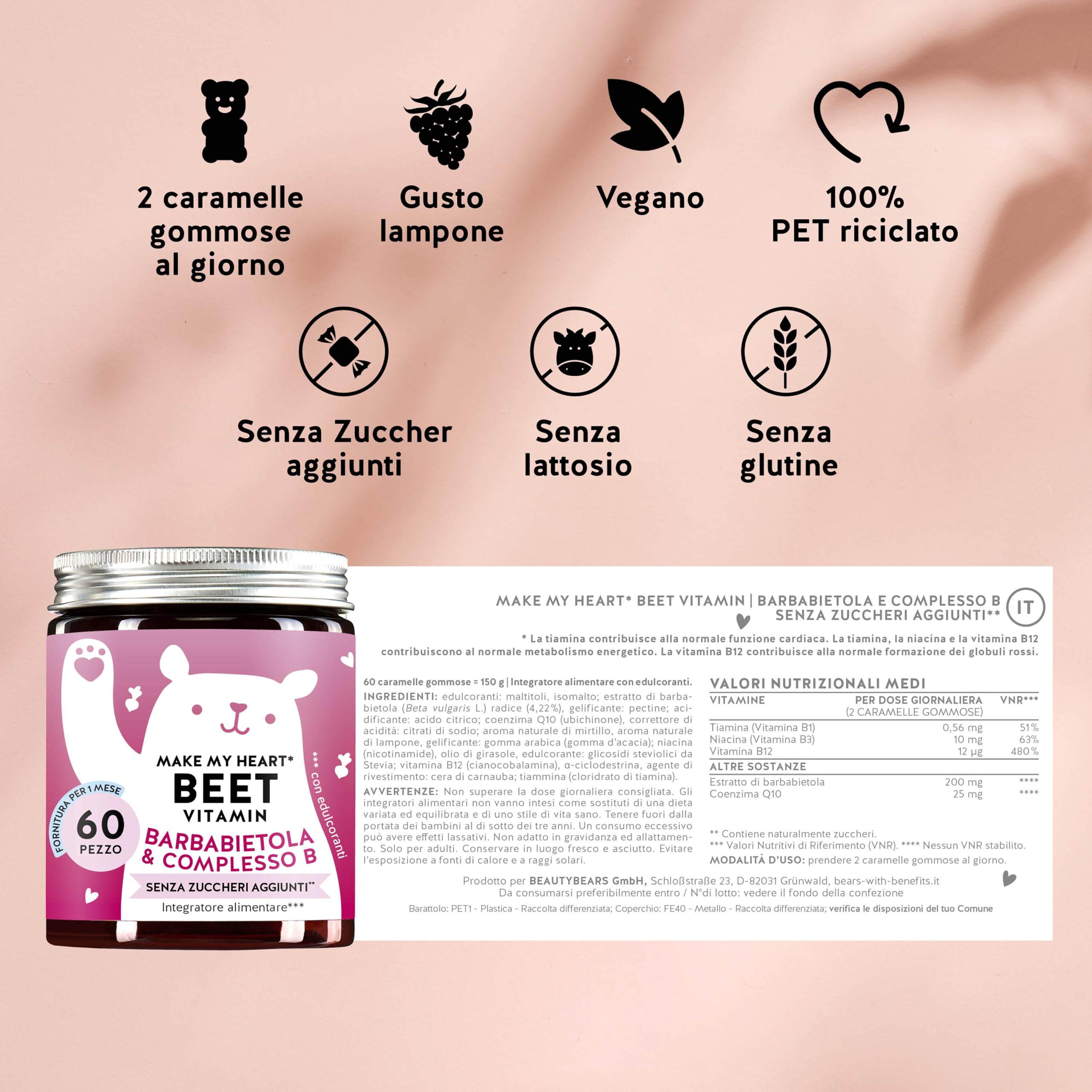 Orsetti gommosi alla barbabietola - energia e salute del cuore - Con 200 mg di estratto di barbabietola - Vitamine B12, B3, B1 e Q10-60 pezzi - Vegan - Senza zucchero - Bears with Benefits