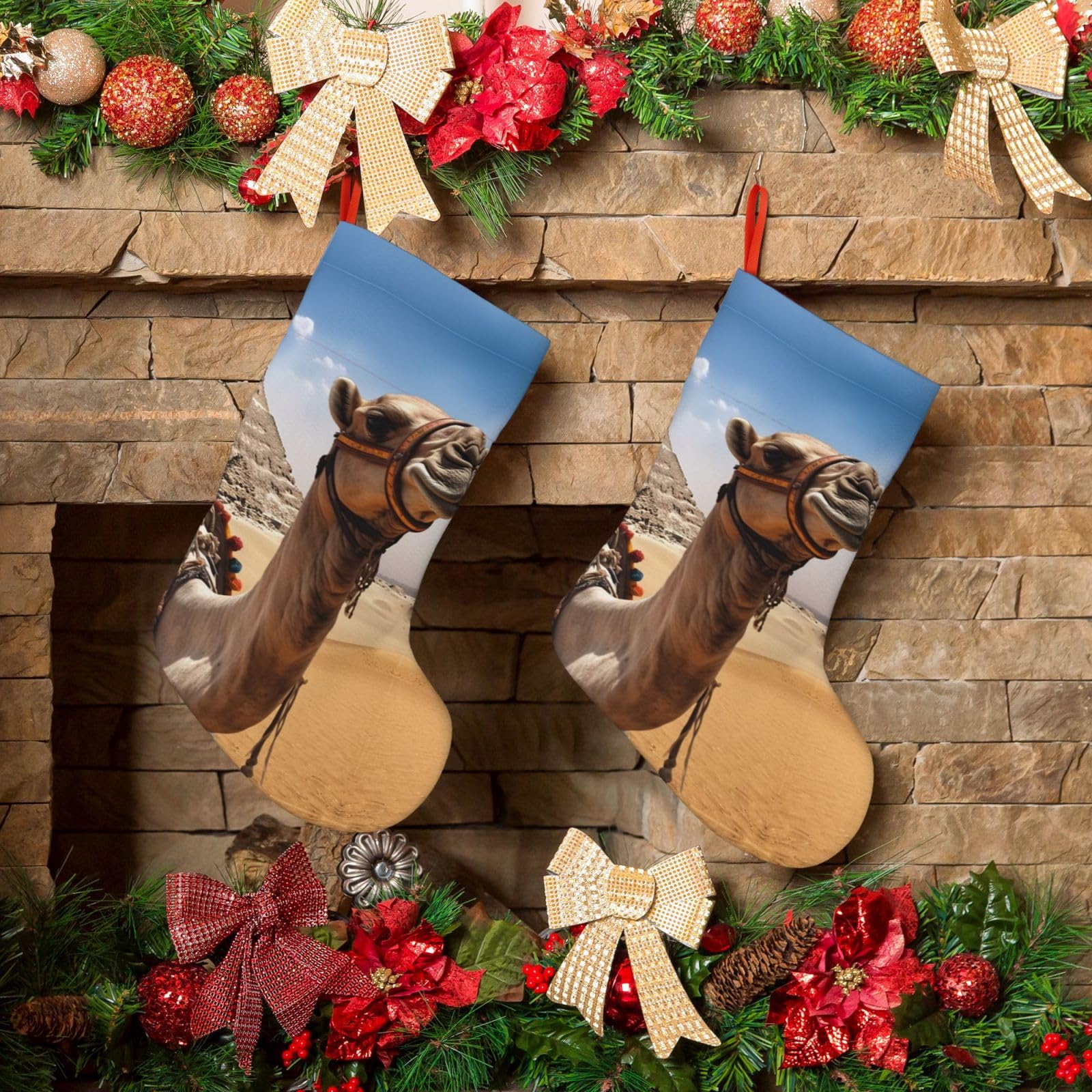 Fodpand Boys Black Pyramid Camel Christmas Stockings Hanging Ornaments For Holiday Decor, 18 Inches Velvet Fireplace Hanging Xmas Stocking, Candy Gift Bags For Christmas Decorations