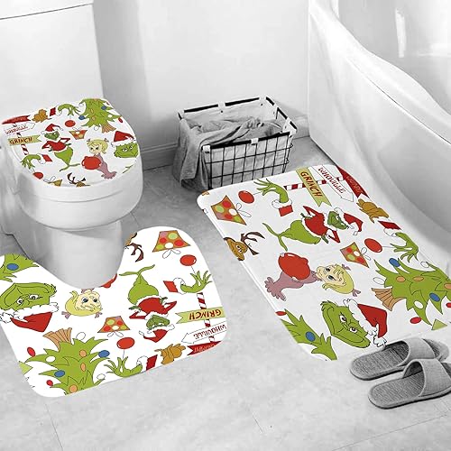 Miniatura 3 de Juego de 4 cortinas de ducha navideñas con alfombras antideslizantes, cubierta para tapa de inodoro y tapete de baño, decoración navideña para baño,