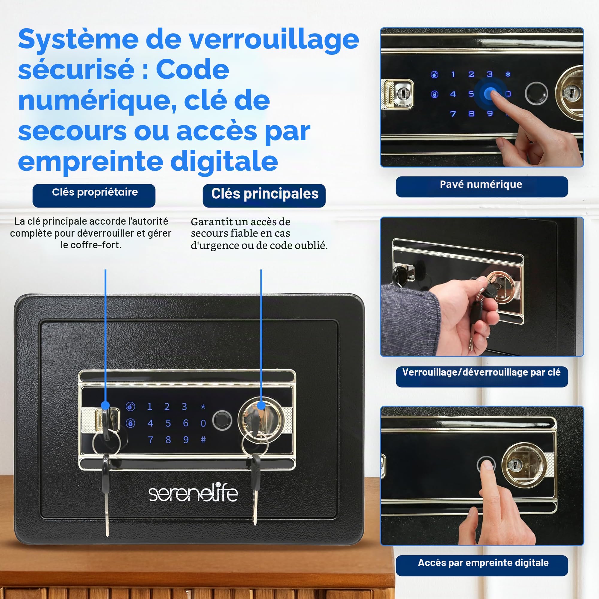SereneLife Coffre-Fort pour Maison | Accès Électronique par Empreinte Digitale, Coffre à Argent pour Maison et Bureau, Clavier Tactile & Serrure, Acier, Inclut 2 Clés Maîtresses