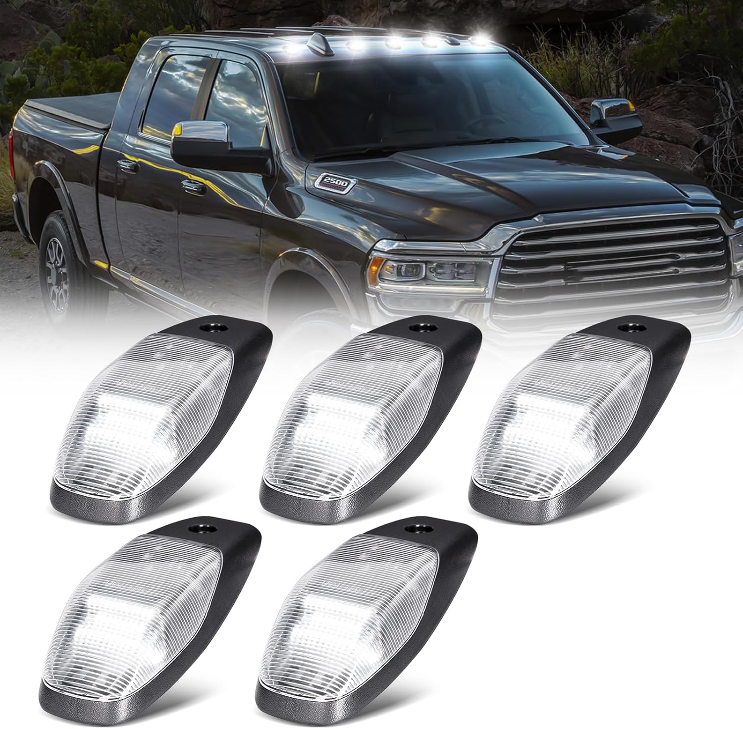 White LED Cab Lights Replacement for 2019-2024 Ram 2500 3500 4500 5500 Ram 1500 2500 3500 Clear Top Cab Roof Clearance Lights for Ram Trucks