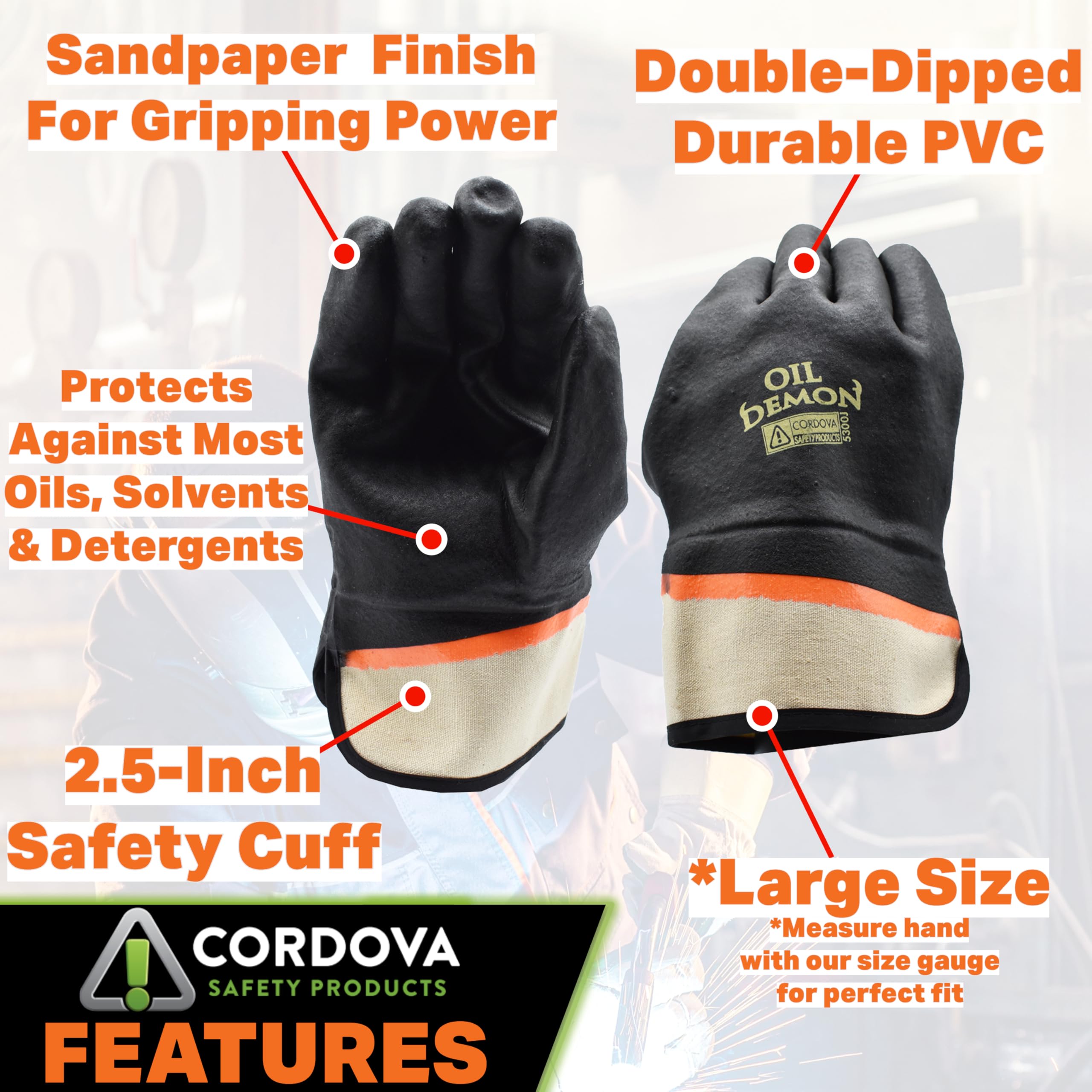 Cordova 5300J Oil Demon Black/Orange Double Dipped PVC Gloves