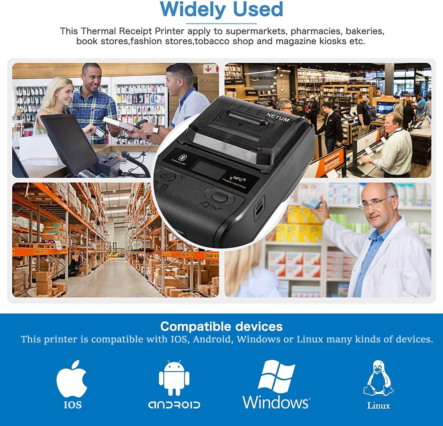 NETUM Label Maker - Bluetooth Thermal Label Printer Portable Barcode Printer Apply to Clothing, Jewelry, Retail, Mailing, Barcode, Compatible for Android & iOS System