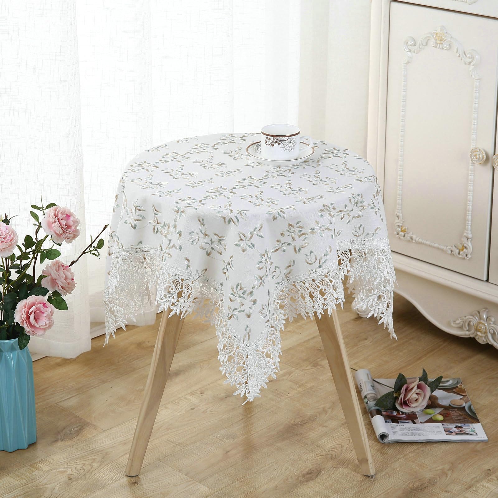 Tischdecke Abwaschbar 150x250 cm, Blume Stickerei Polyester Leinen