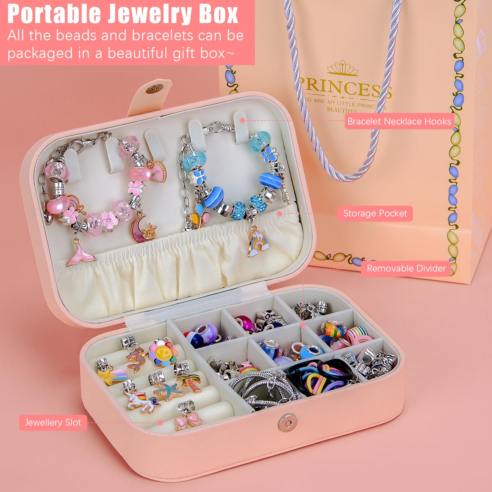 Hysagtek Kit per la creazione di gioielli per ragazze, 120 pezzi, kit per la creazione di braccialetti con perline fai da te, per ragazze, kit di collane, ciondoli con scatola